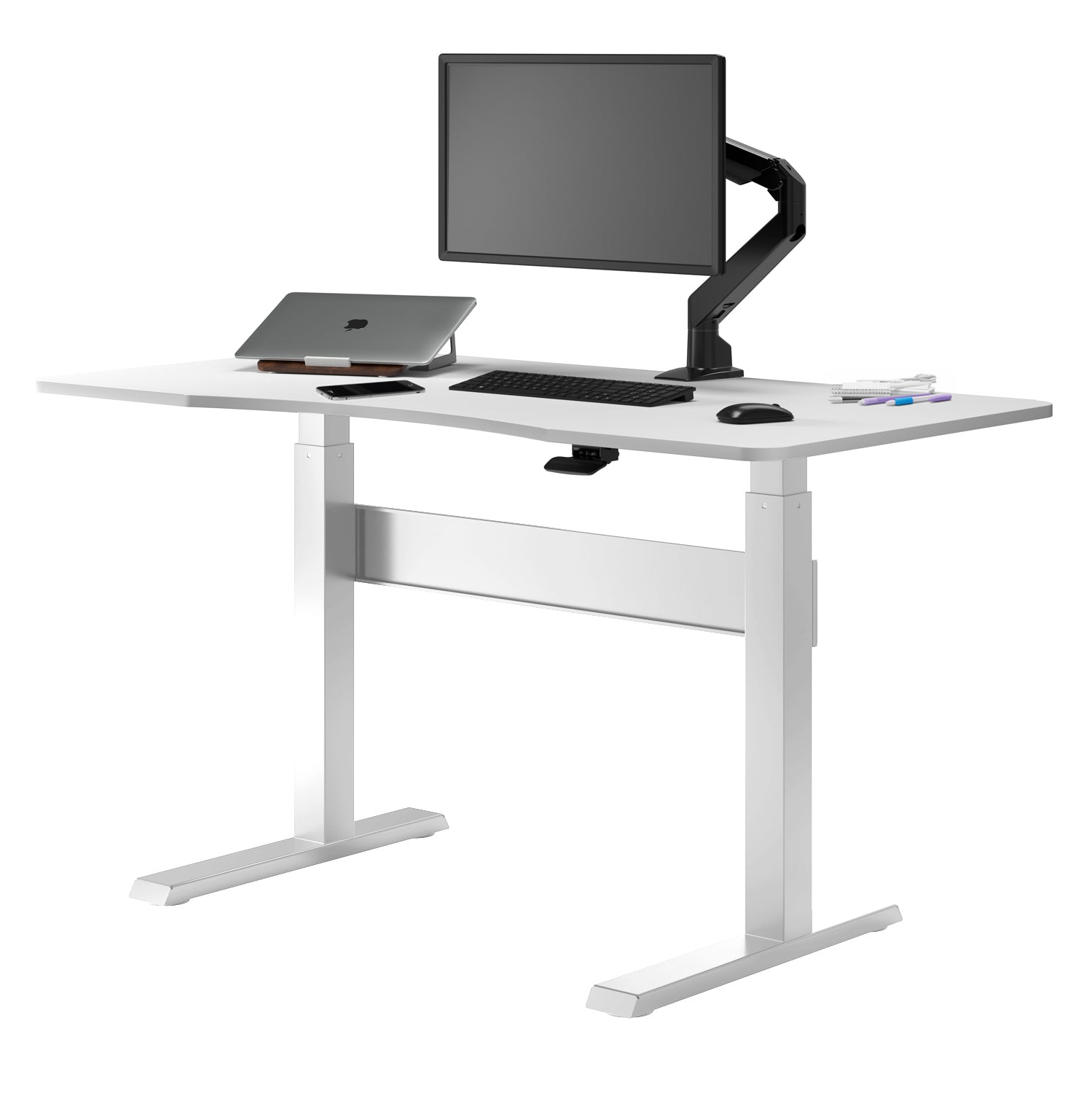Desky Air-Lift Zero Sit-Stand Desk – 57.1" × 28.7" White Top, Pneumatic Lift, White Frame