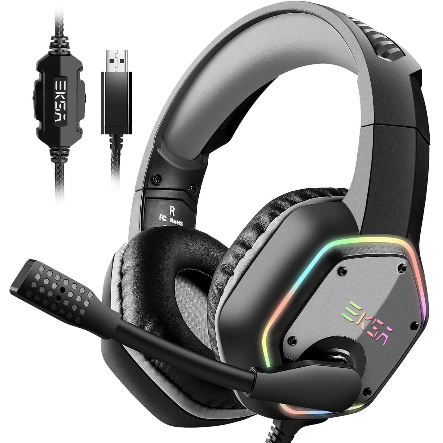 EKSA E1000 USB Gaming Headset for PC, Computer Headphones with Microphone/Mic Noise Cancelling, 7.1 Surround Sound, RGB Light - Wired Headphones for PS4, PS5 Console, Laptop