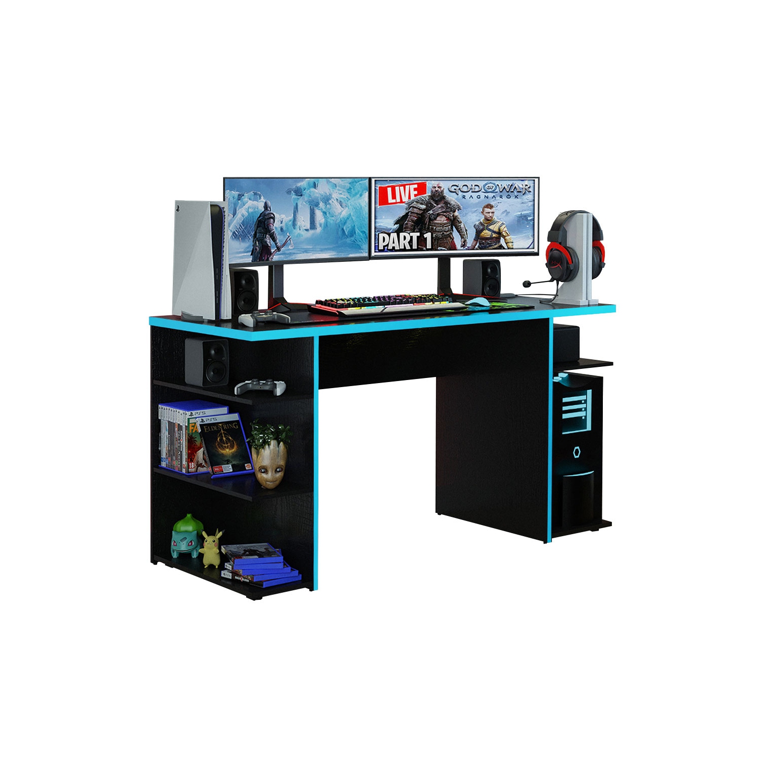 Madesa Large Modern Gaming Computer Desk 53 Inch with 5 Shelves Cable Management Student Study Wooden Table Home Office Gamer Desk for Kids and