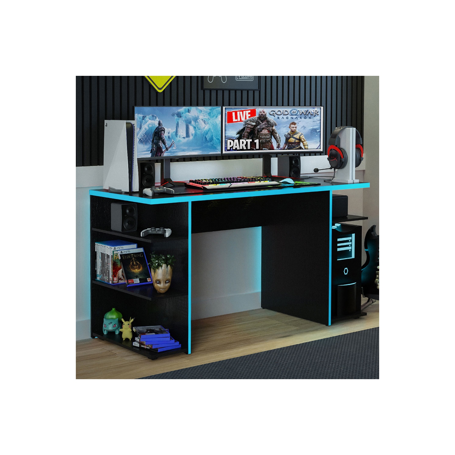 Madesa Large Modern Gaming Computer Desk 53 Inch with 5 Shelves Cable Management Student Study Wooden Table Home Office Gamer Desk for Kids and