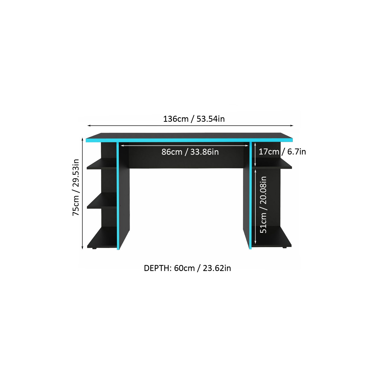 Madesa Large Modern Gaming Computer Desk 53 Inch with 5 Shelves Cable Management Student Study Wooden Table Home Office Gamer Desk for Kids and