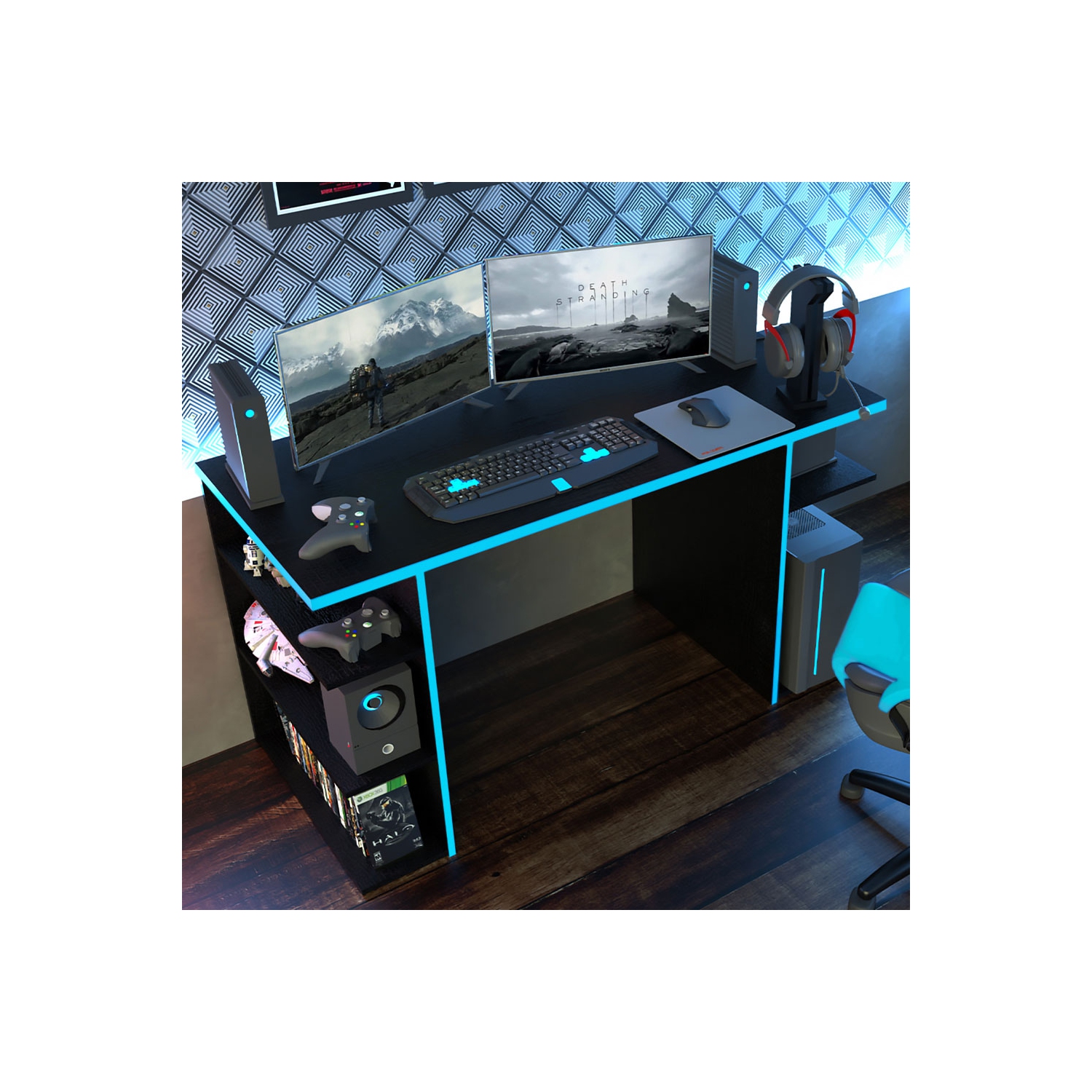 Madesa Large Modern Gaming Computer Desk 53 Inch with 5 Shelves Cable Management Student Study Wooden Table Home Office Gamer Desk for Kids and