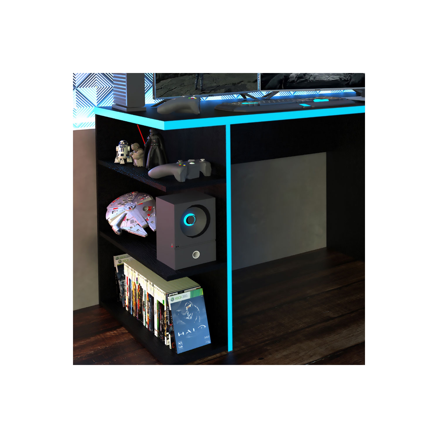 Madesa Large Modern Gaming Computer Desk 53 Inch with 5 Shelves Cable Management Student Study Wooden Table Home Office Gamer Desk for Kids and