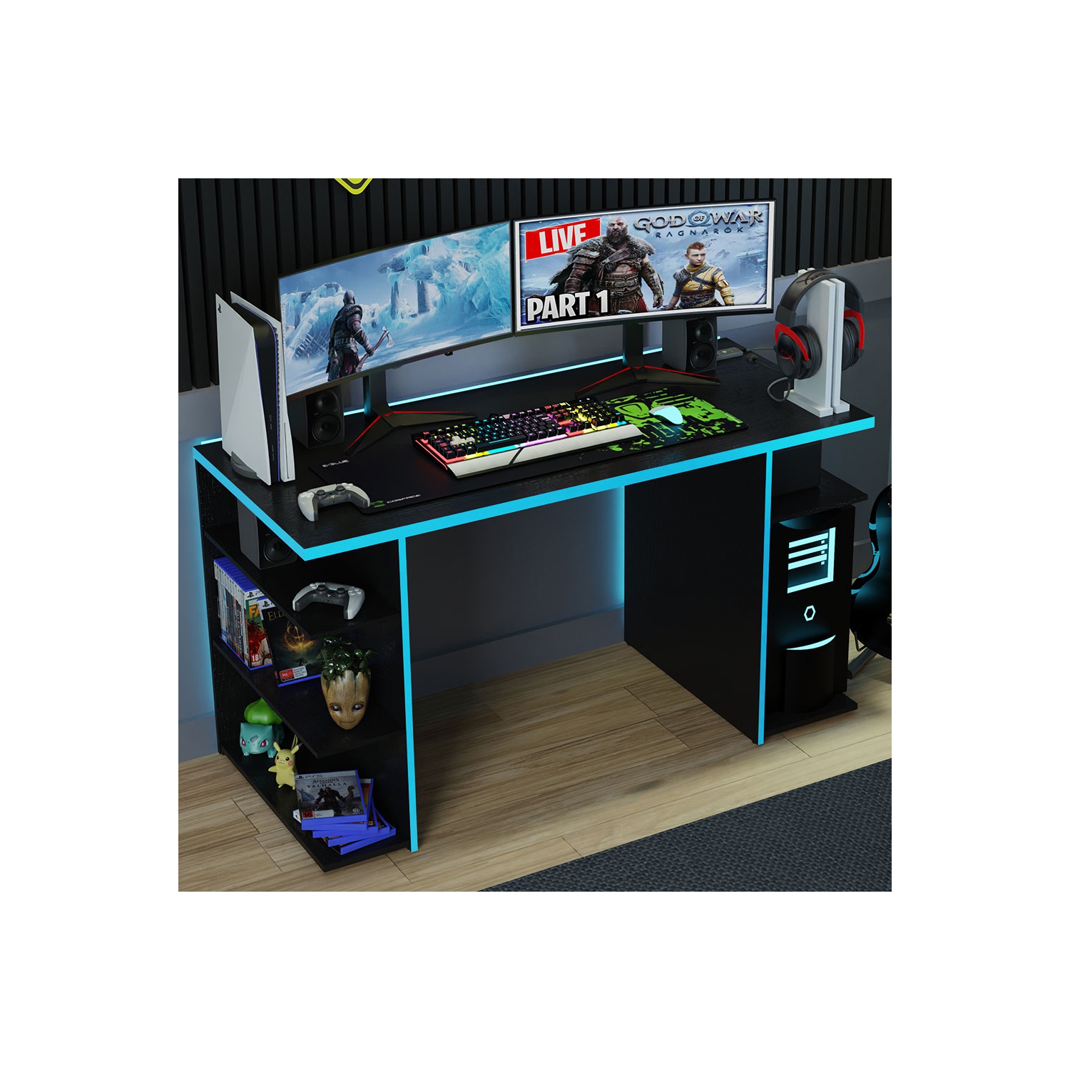 Madesa Large Modern Gaming Computer Desk 53 Inch with 5 Shelves Cable Management Student Study Wooden Table Home Office Gamer Desk for Kids and