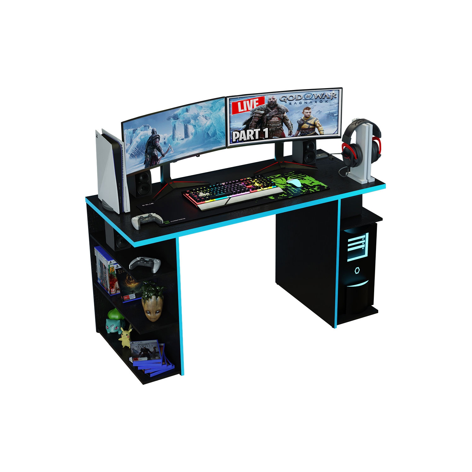 Madesa Large Modern Gaming Computer Desk 53 Inch with 5 Shelves Cable Management Student Study Wooden Table Home Office Gamer Desk for Kids and