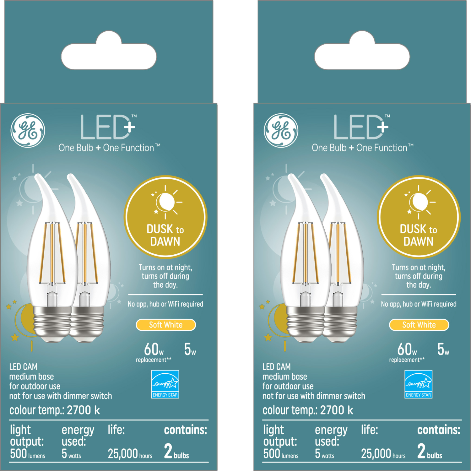 GE Lighting LED+ Dusk to Dawn Soft White 60W Replacement LED Clear Decorative Medium Base CAM Light Bulbs (Includes TWO 2-packs)