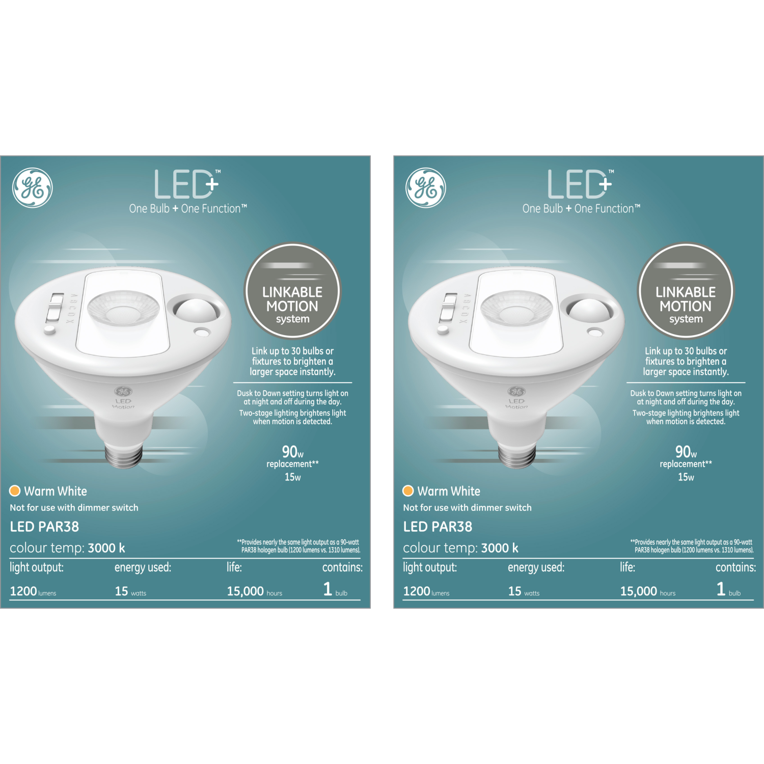 GE Lighting LED+ Linkable Motion Bright White 90W Replacement LED Outdoor Floodlight PAR38 Light Bulb (Includes TWO single packs)