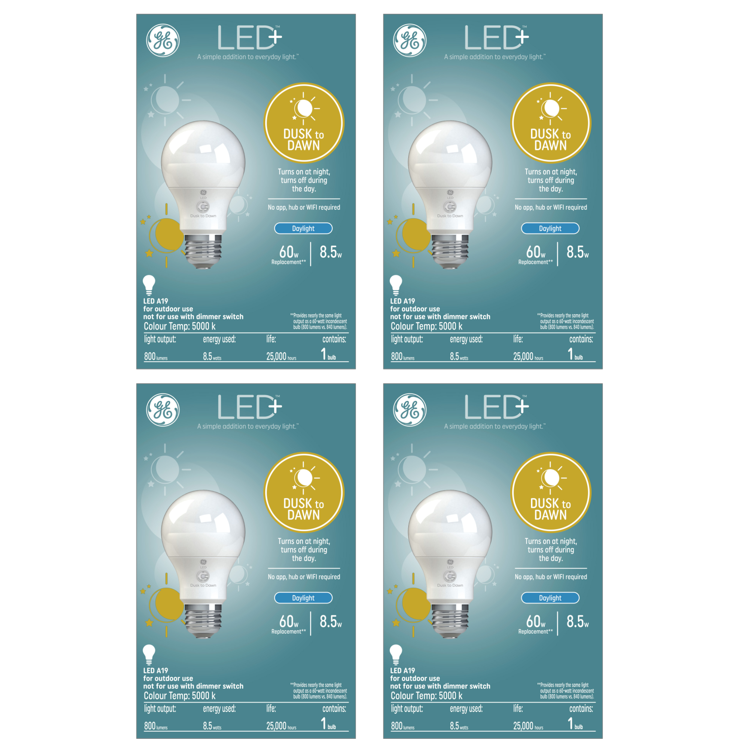 GE Lighting LED+ Dusk to Dawn Daylight 60W Replacement LED General Purpose A19 Light Bulb (Includes FOUR single packs)