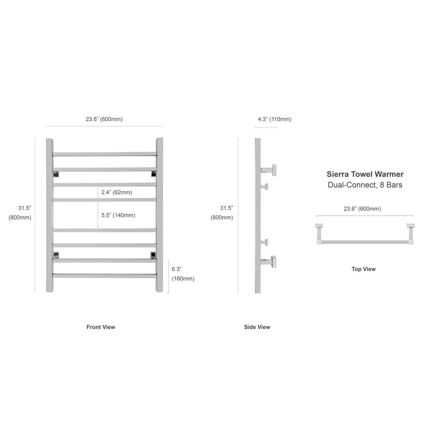 Chauffe-serviettes électrique Warmlyours Sierra, 23,6 larg. X 31,5 haut. X 4,3 prof., poli, câblé ou enfichable