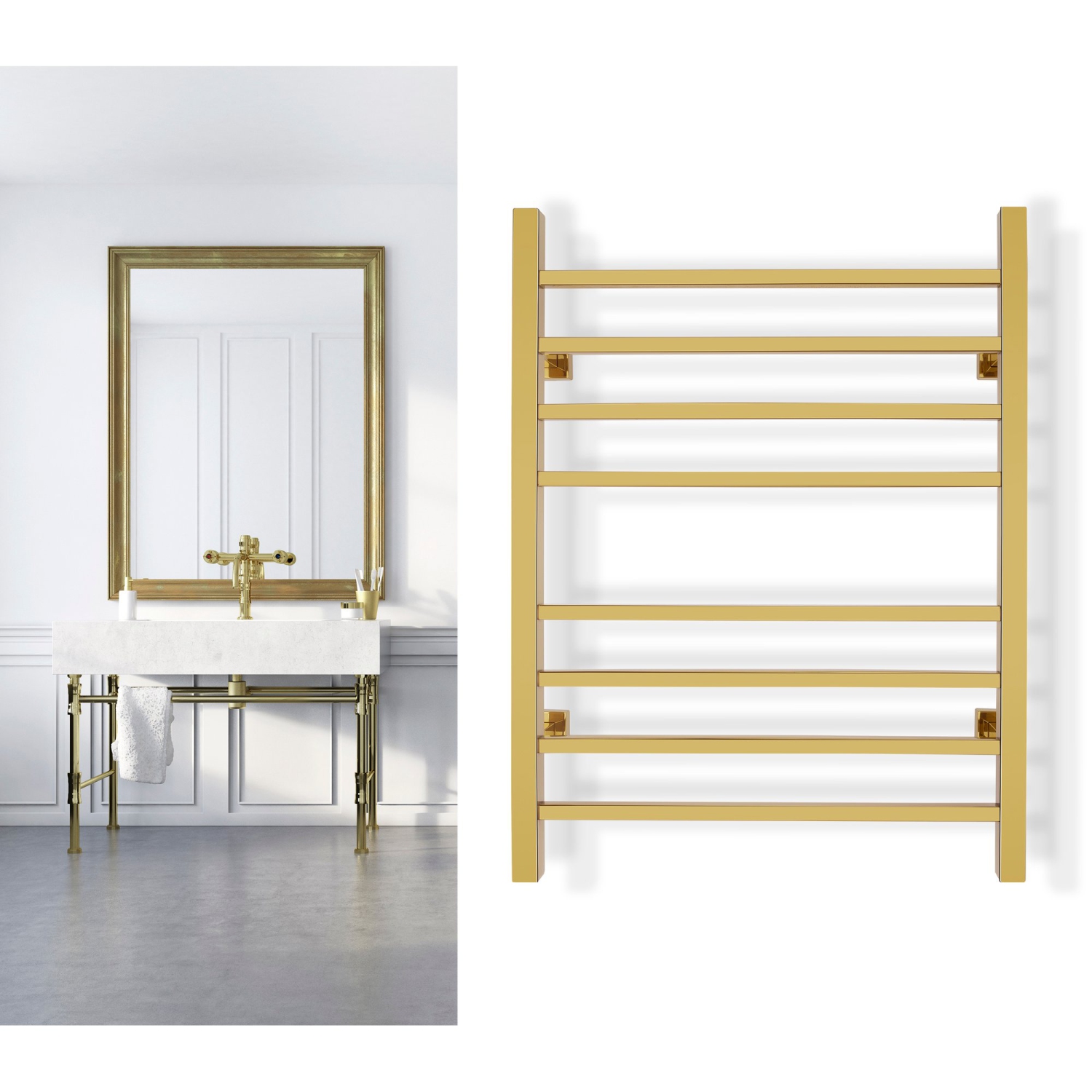 Warmlyours Sierra – chauffe-serviette électrique, 23,6 larg. X 31,5 haut. X 4,3 prof., doré poli, câblé ou enfichable