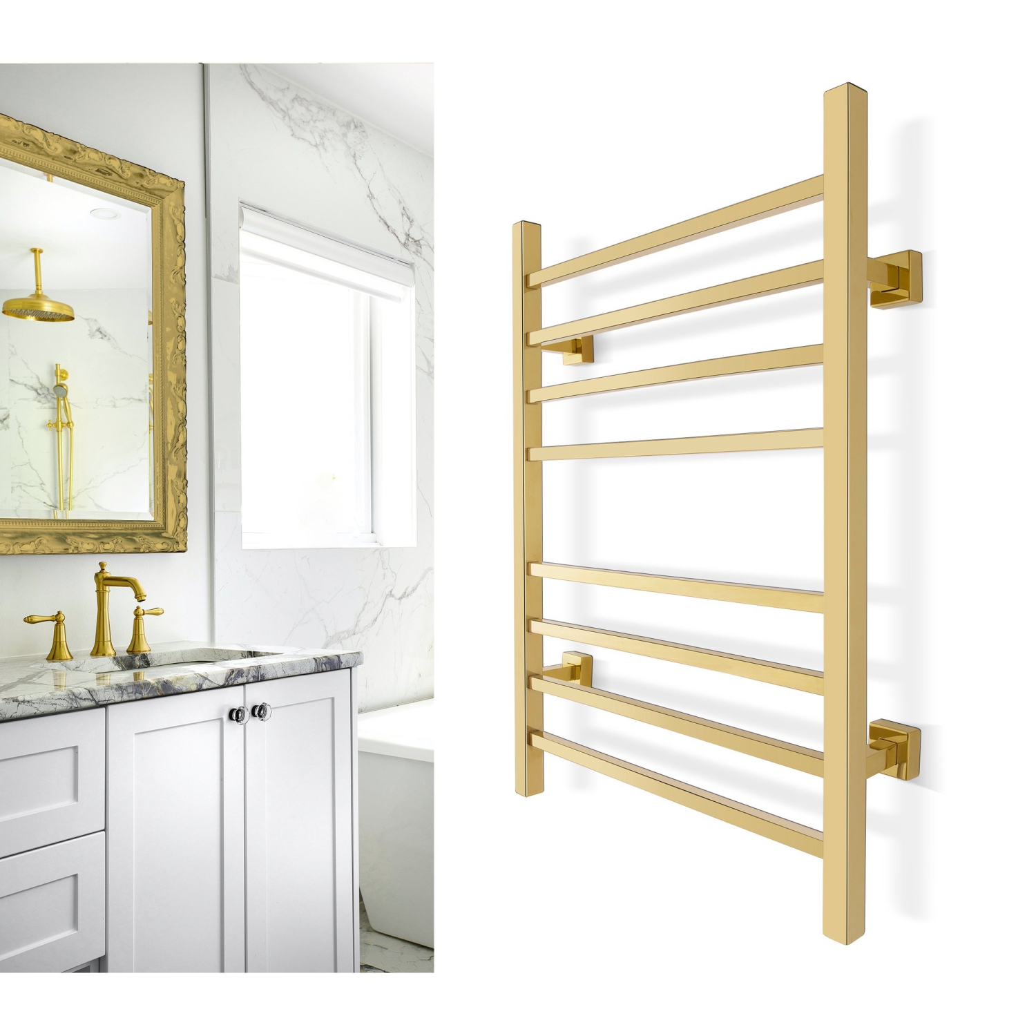 Warmlyours Sierra – chauffe-serviette électrique, 23,6 larg. X 31,5 haut. X 4,3 prof., doré poli, câblé ou enfichable