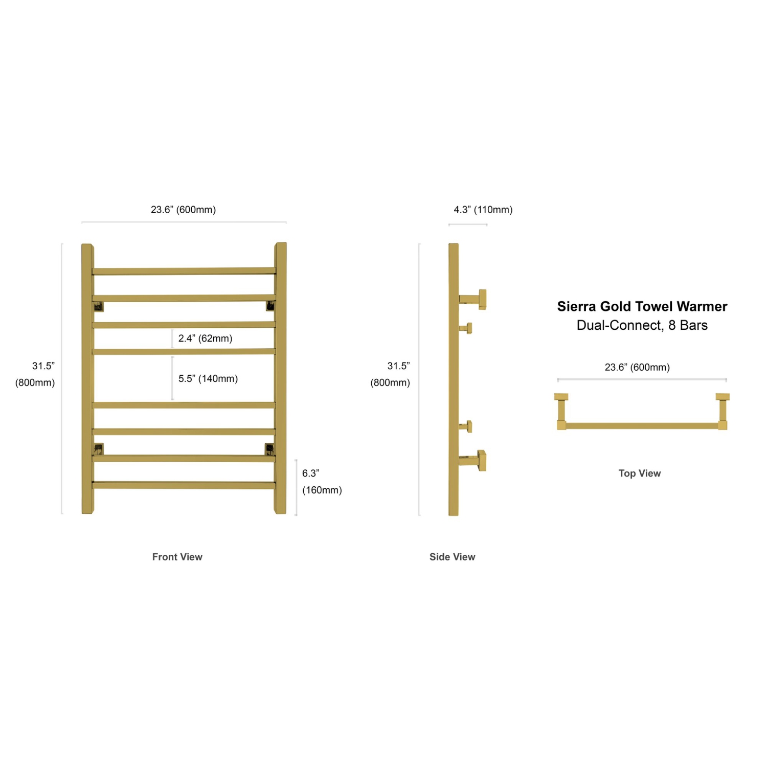 Warmlyours Sierra – chauffe-serviette électrique, 23,6 larg. X 31,5 haut. X 4,3 prof., doré poli, câblé ou enfichable