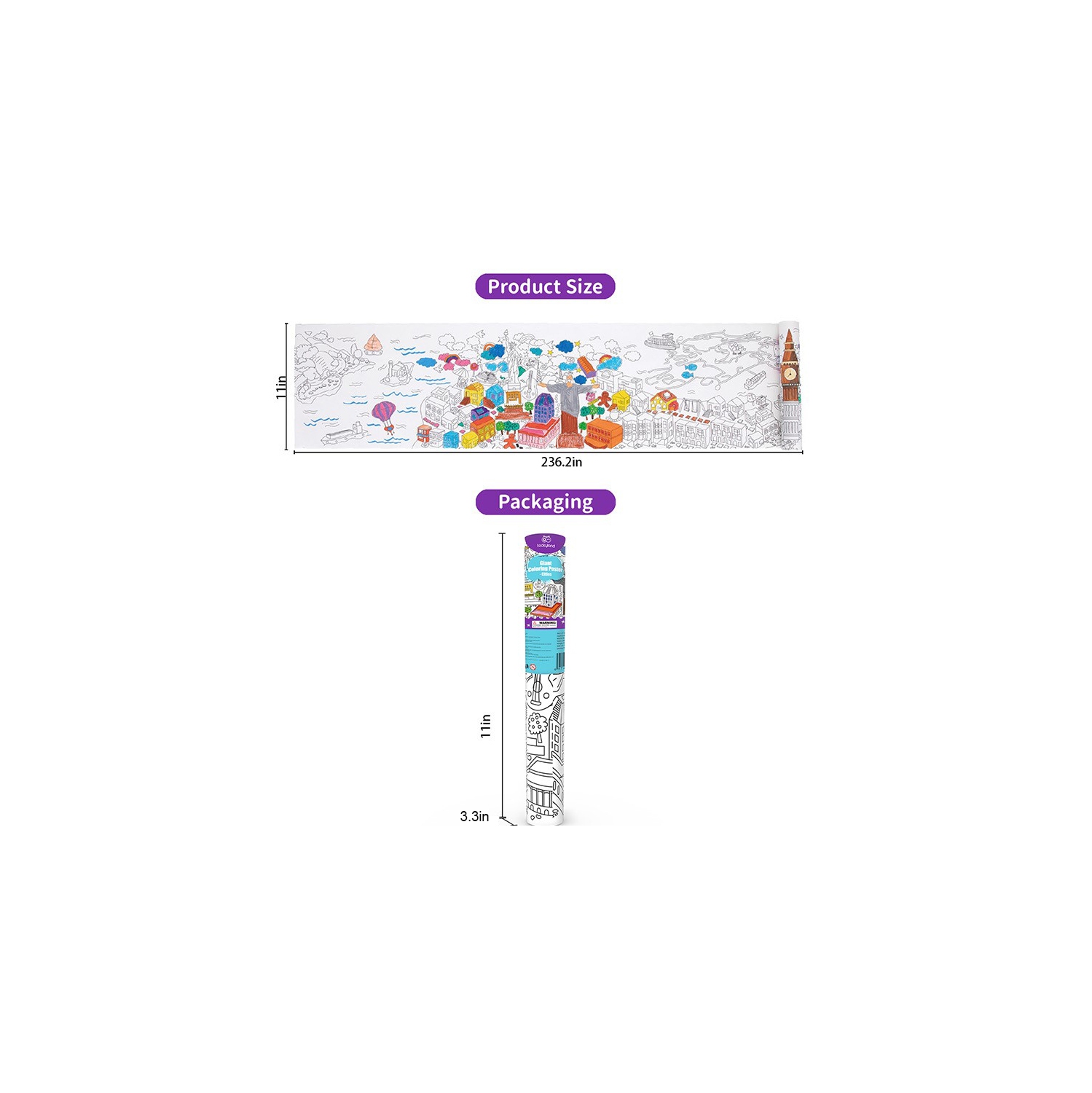 TOOKYLAND Kids Giant Coloring Roll - 28 x 600 cm Sticky Drawing Paper, Large Restick Poster Sheet, Arts & Crafts Toy for Toddlers 3 Year Old +