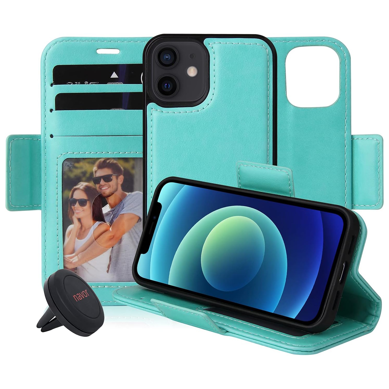 navor Universal Car Mount & Detachable Magnetic Wallet Case with RFID Protection Compatible for iPhone 12 Mini [5.4 inch] [Vajio Series]
