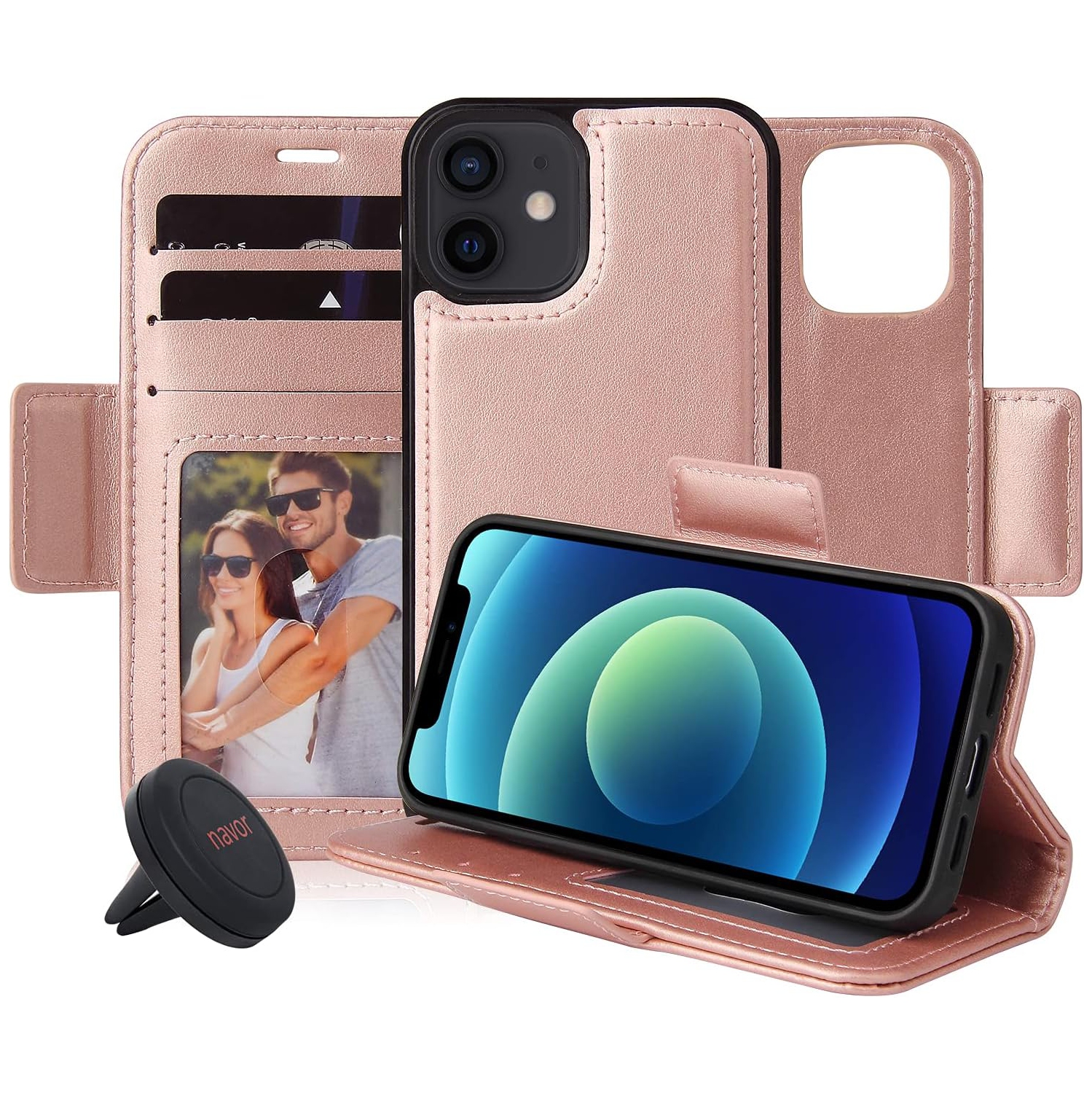 navor Universal Car Mount & Detachable Magnetic Wallet Case with RFID Protection Compatible for iPhone 12 Mini [5.4 inch] [Vajio Series] -Rose Gold