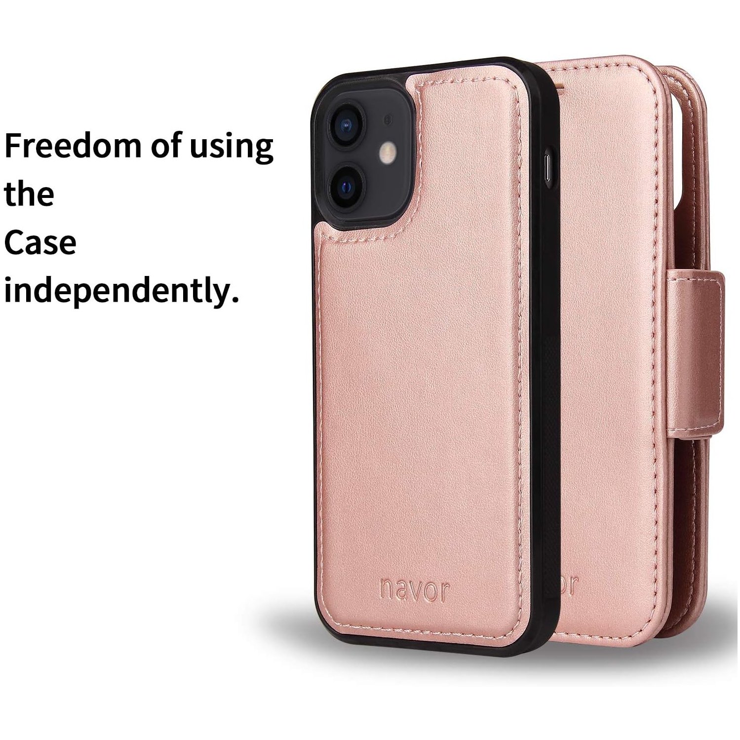navor Universal Car Mount & Detachable Magnetic Wallet Case with RFID Protection Compatible for iPhone 12 Mini [5.4 inch] [Vajio Series] -Rose Gold