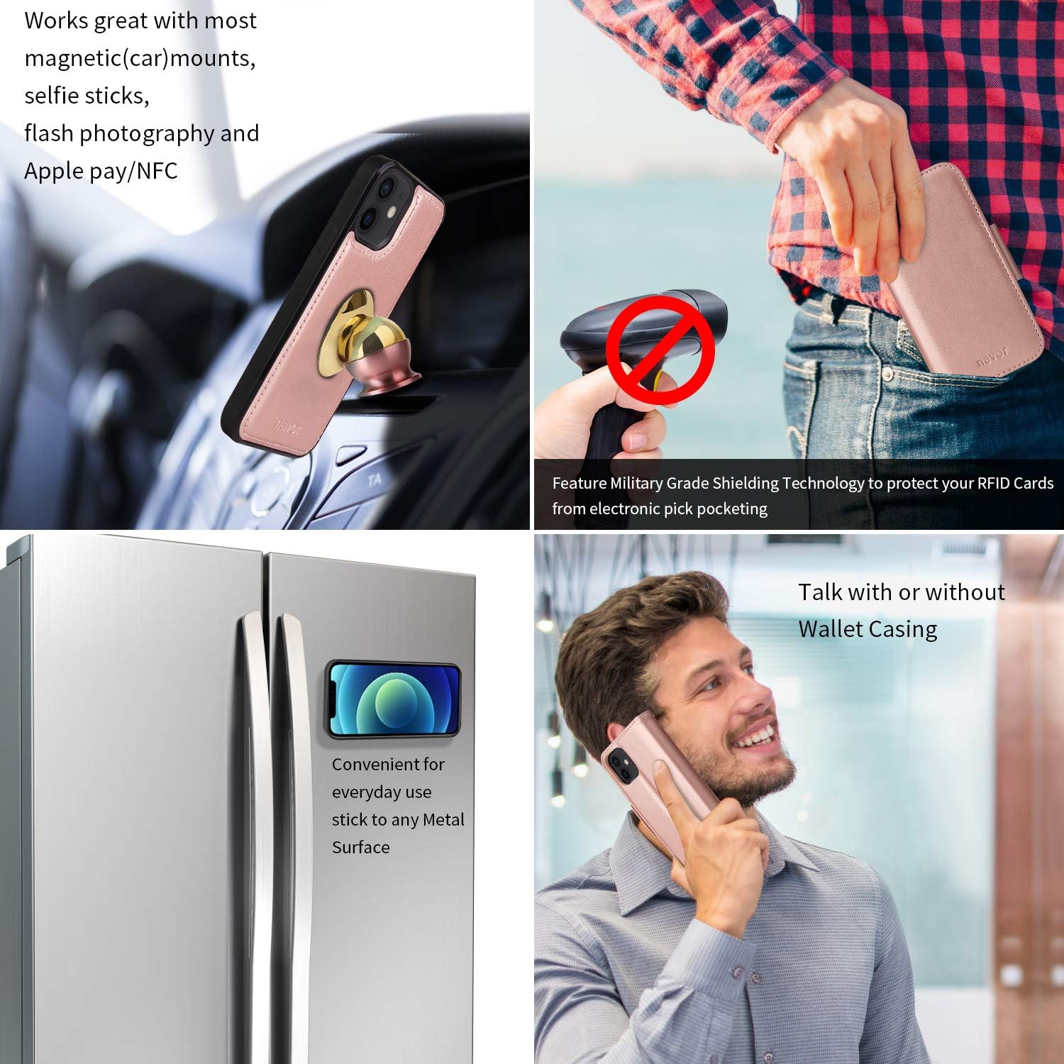 navor Universal Car Mount & Detachable Magnetic Wallet Case with RFID Protection Compatible for iPhone 12 Mini [5.4 inch] [Vajio Series] -Rose Gold