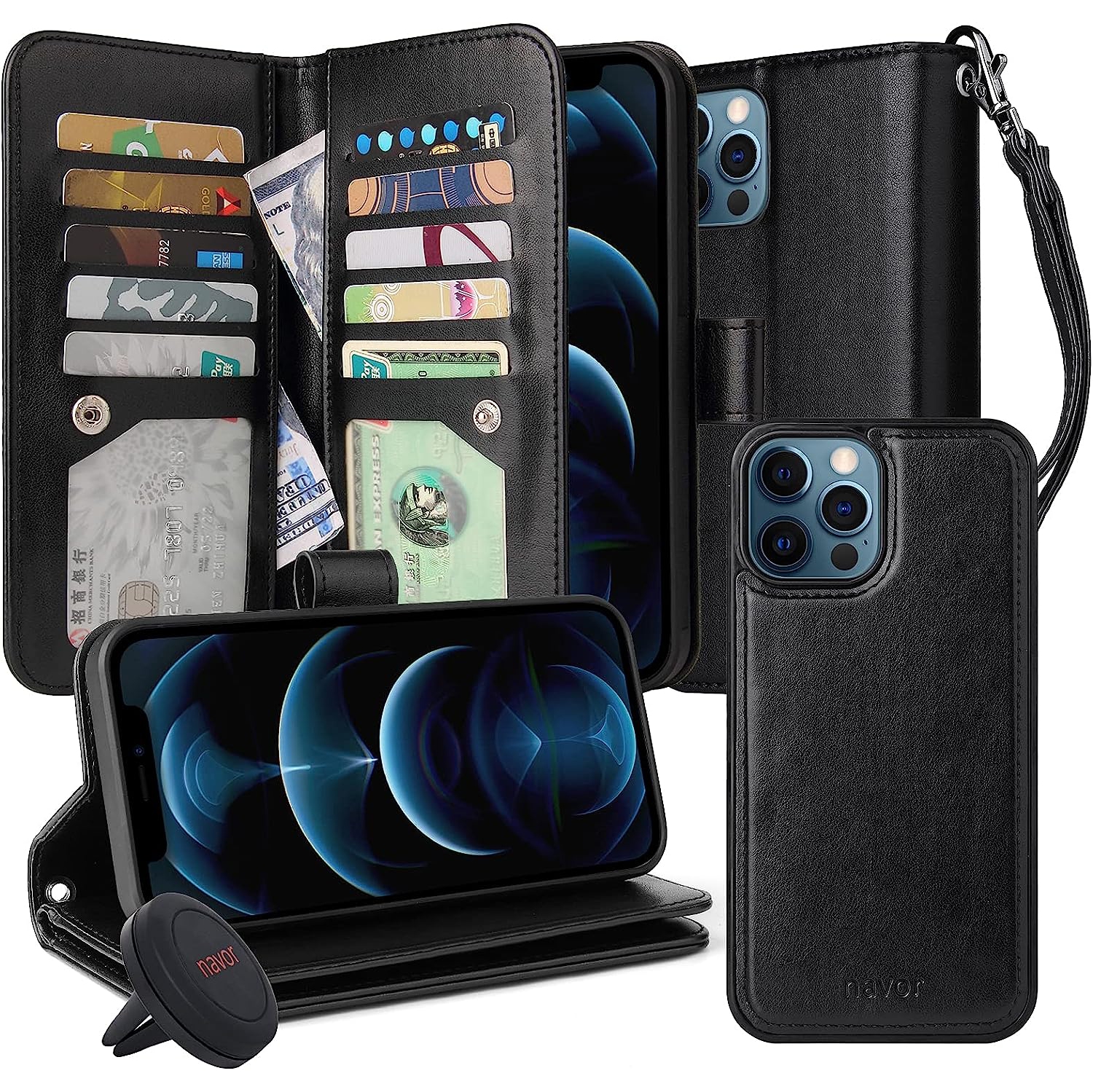 navor Universal Car Mount & Magnetic Detachable Wallet Case [RFID Protection] [10 Card Pockets] [3 Money Pockets] Compatible for iPhone 12 Pro Max [6.7 Inch] JOOT-3L Series [Black]
