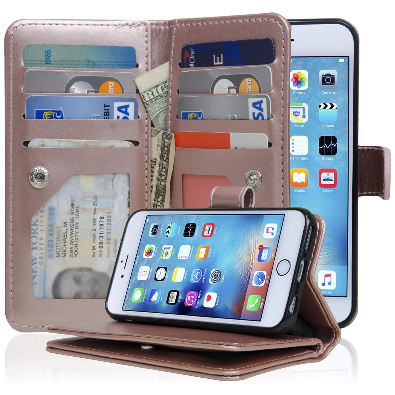 Navor Magnetic Detachable Wallet Case [8 Card Slots] [3 Money Pockets] Compatible for iPhone 6 / 6s 4.7 Inch [JOOT-3L]- Rose Gold