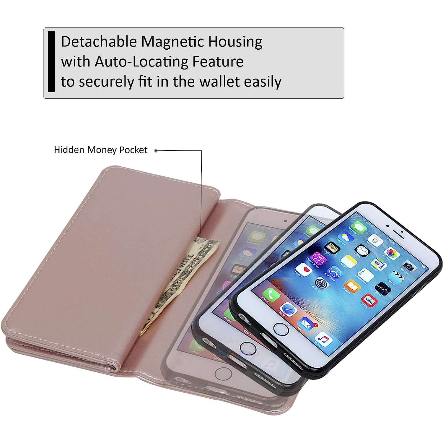 Navor Magnetic Detachable Wallet Case [8 Card Slots] [3 Money Pockets] Compatible for iPhone 6 / 6s 4.7 Inch [JOOT-3L]- Rose Gold