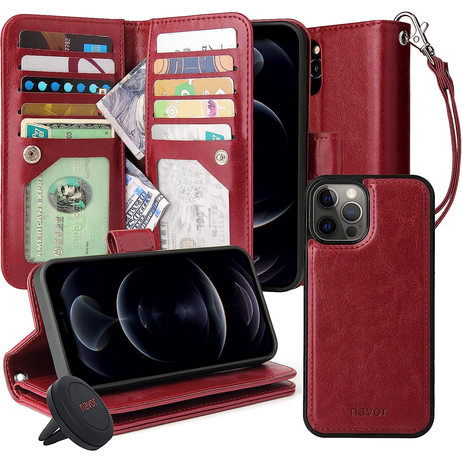 navor Universal Car Mount & Magnetic Detachable Wallet Case [RFID Protection] [10 Card Pockets] [3 Money Pockets] Compatible for iPhone 12 Pro [6.1 Inch] JOOT-3L Series [Maroon]