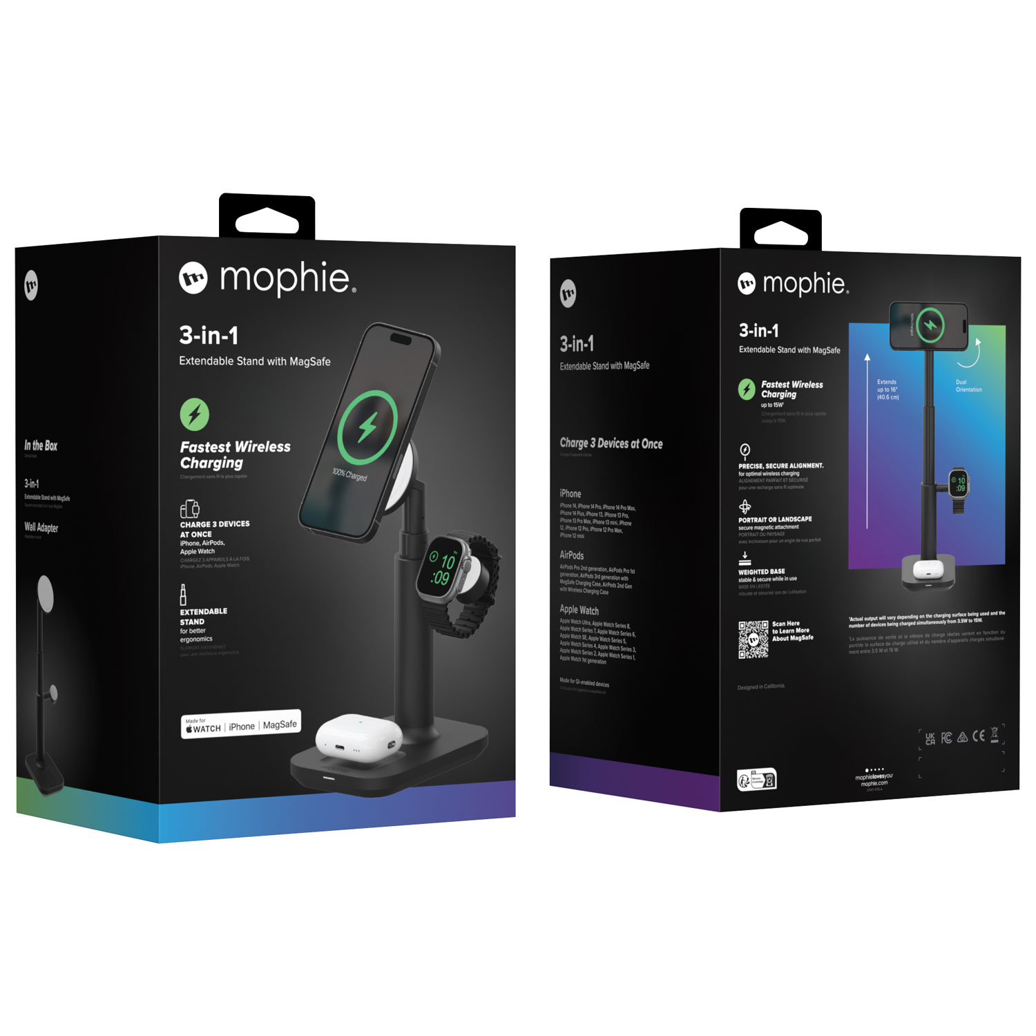 Support de chargement sans fil extensible 3-en-1 MagSafe de Mophie - Blanc