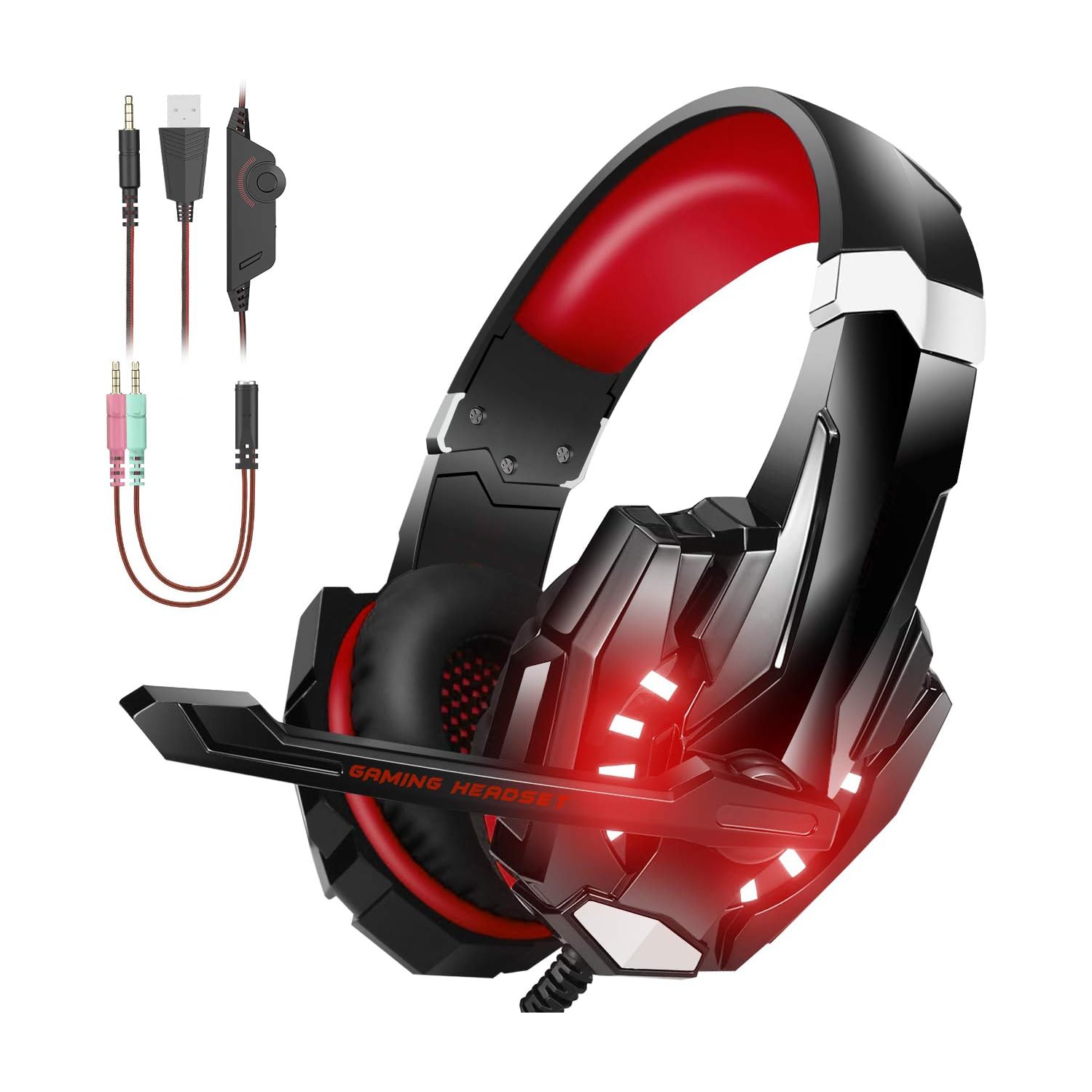 Stereo Headset for PS4, PC, Xbox One Controller, Noise Cancelling Over Ear Headphones with Mic, LED Light, Soft Memory Earmuffs for Laptop Mac Nintendo Switch Games (Red)