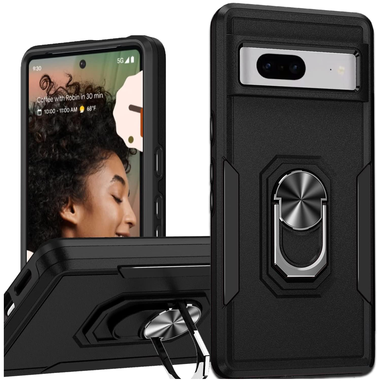 [CSmart] antichoc robuste étui magnétique rigide avec support à anneau pour Pixel 7A de Google, noir