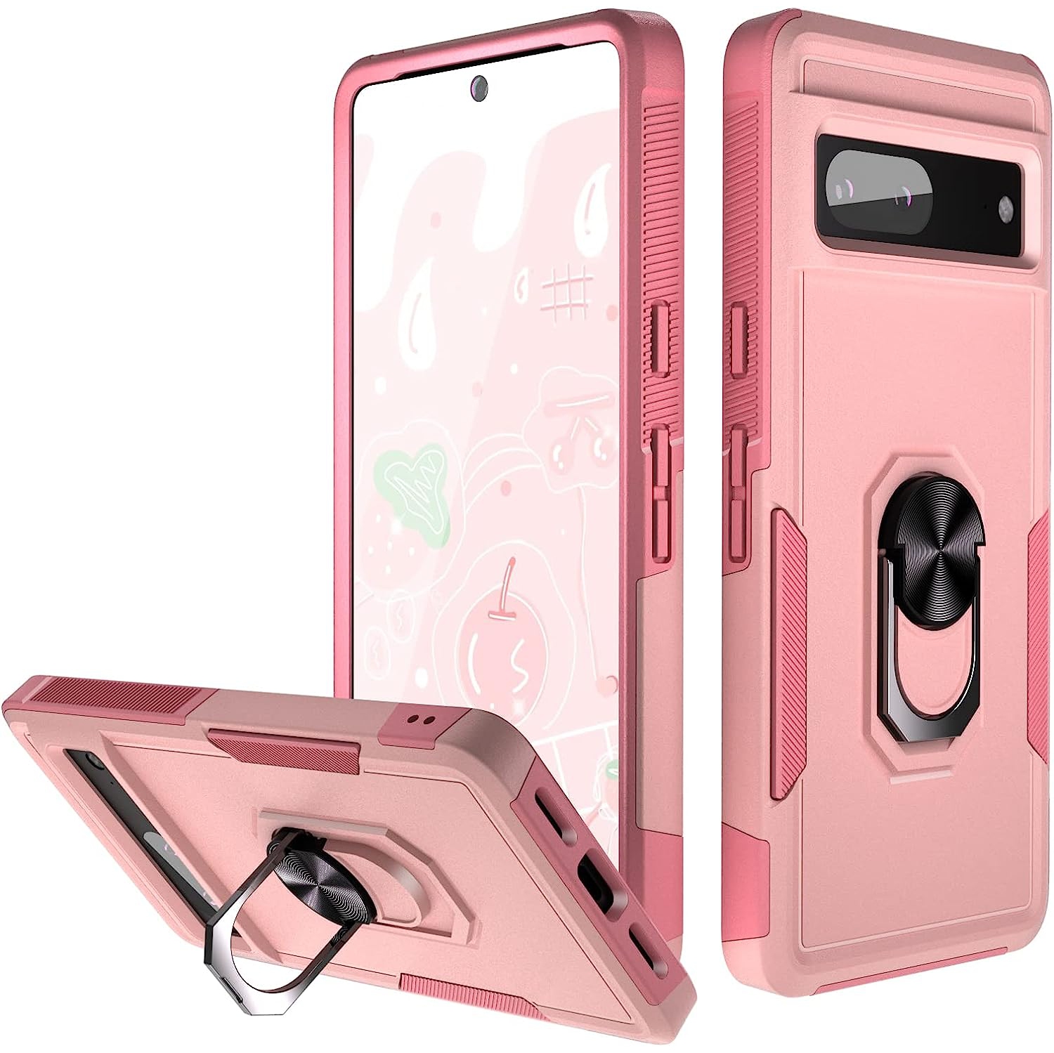 【CSmart】 Shockproof Heavy Duty Magnetic Hard Armor Kickstand Case with Ring Holder for Google Pixel 7 Pro, Light Pink