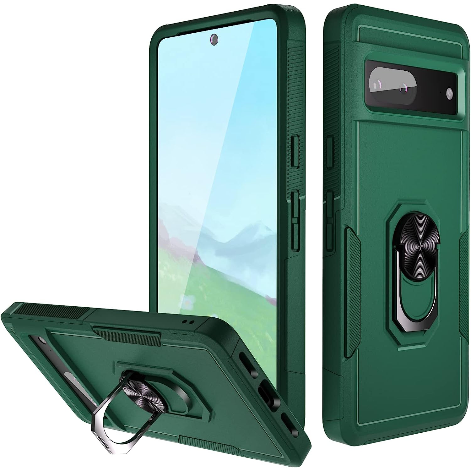 【CSmart】 Shockproof Heavy Duty Magnetic Hard Armor Kickstand Case with Ring Holder for Google Pixel 7 Pro, Midnight Green