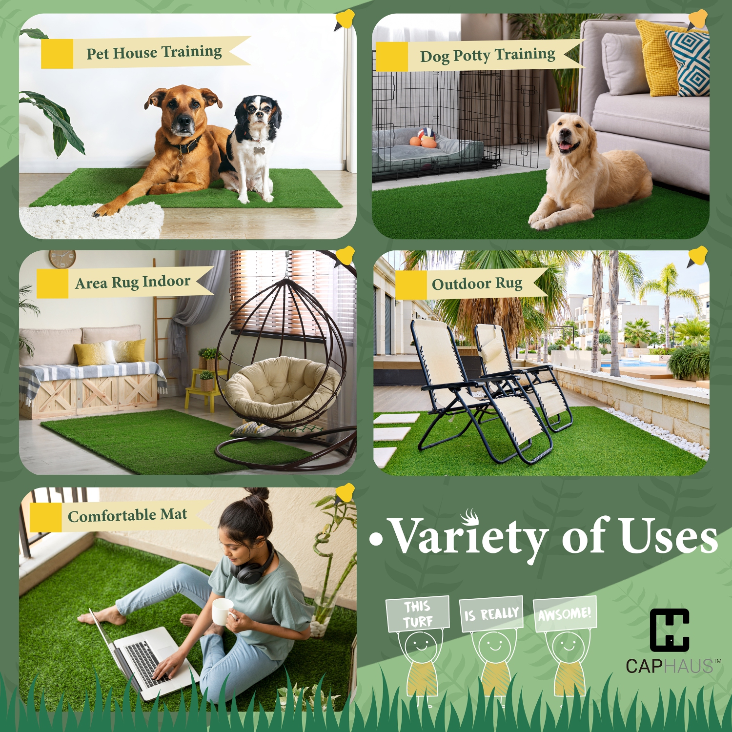 CAPHAUS de 2,5 pi x 4,5 pi Gazon synthétique intérieur/extérieur, décor de faux gazon, tapis de gazon pour chiens d'animaux, apprentissage de la