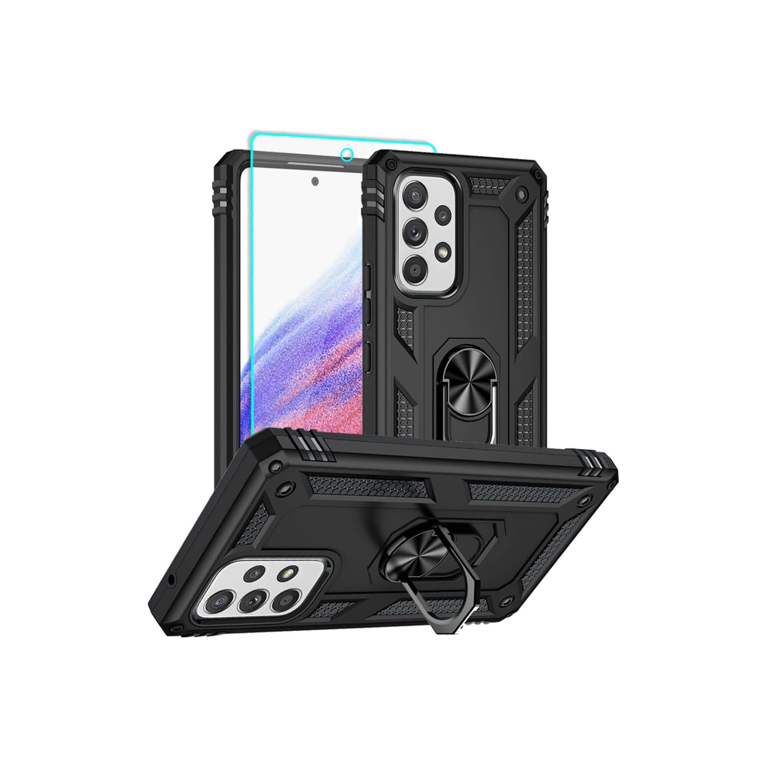 Samsung Galaxy A53 5G Case with Screen Protector, Ring Kickstand Military Protective Shockproof Armor Dual Layer Protection Defender Back Cover Phone
