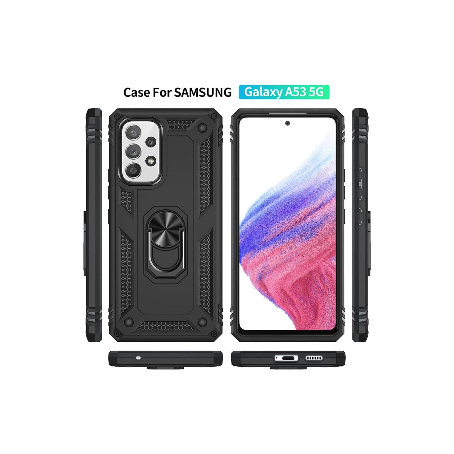 Samsung Galaxy A53 5G Case with Screen Protector, Ring Kickstand Military Protective Shockproof Armor Dual Layer Protection Defender Back Cover Phone
