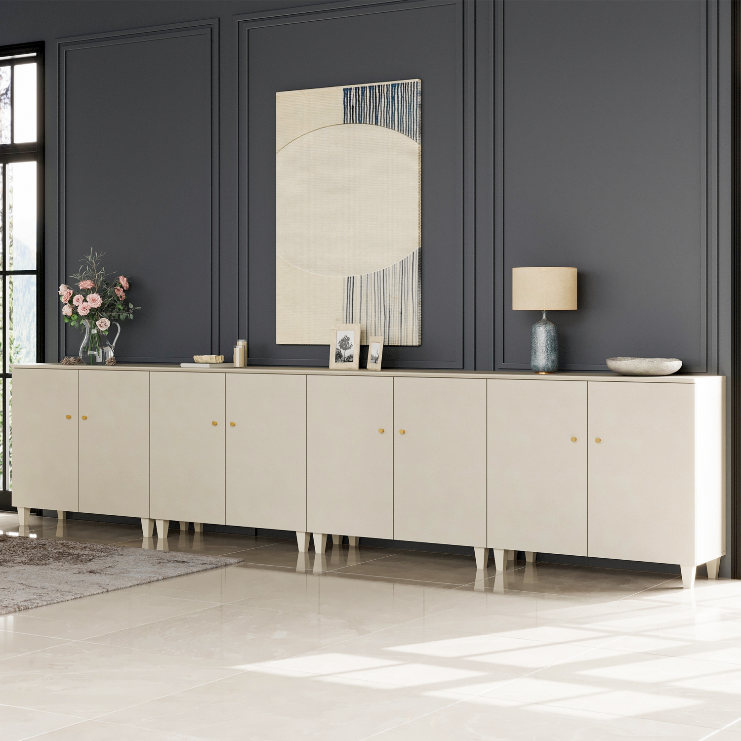 WAMPAT 4-in-1 Storage Cabinets with Doors, Beige Wood Accent Cabinet Kitchen Sideboard Buffet Bar Table, Floor Cupboard with 6 Compartments for