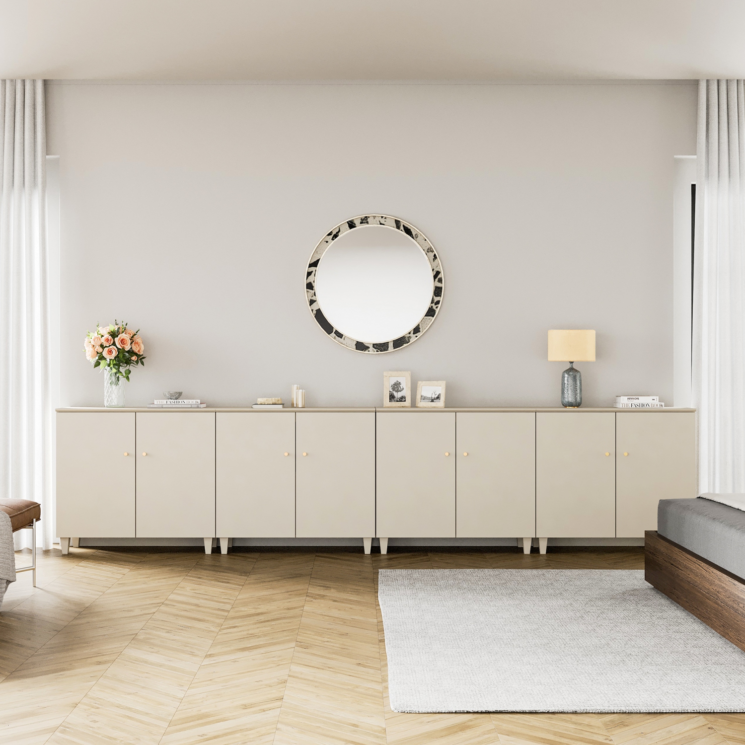 WAMPAT 4-in-1 Storage Cabinets with Doors, Beige Wood Accent Cabinet Kitchen Sideboard Buffet Bar Table, Floor Cupboard with 6 Compartments for