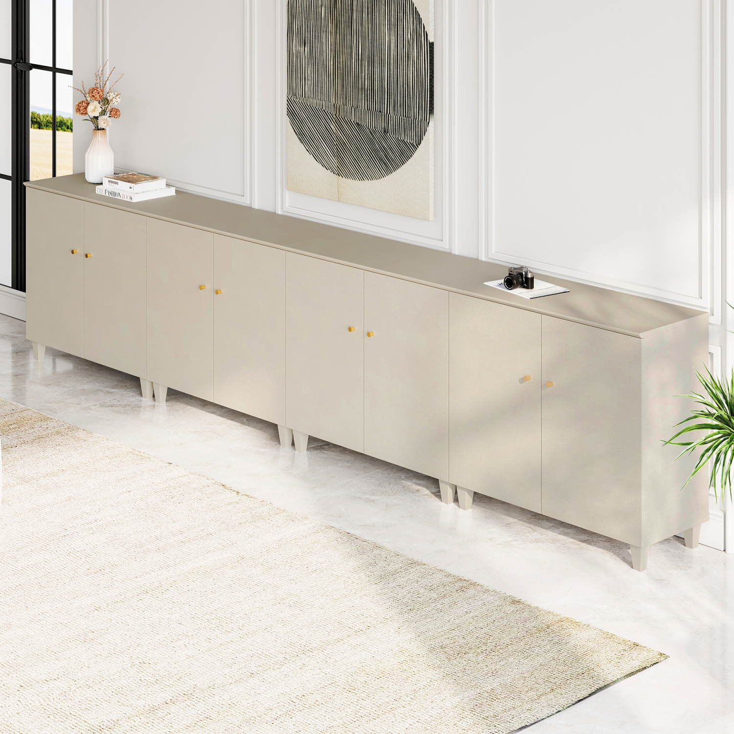 WAMPAT 4-in-1 Storage Cabinets with Doors, Beige Wood Accent Cabinet Kitchen Sideboard Buffet Bar Table, Floor Cupboard with 6 Compartments for