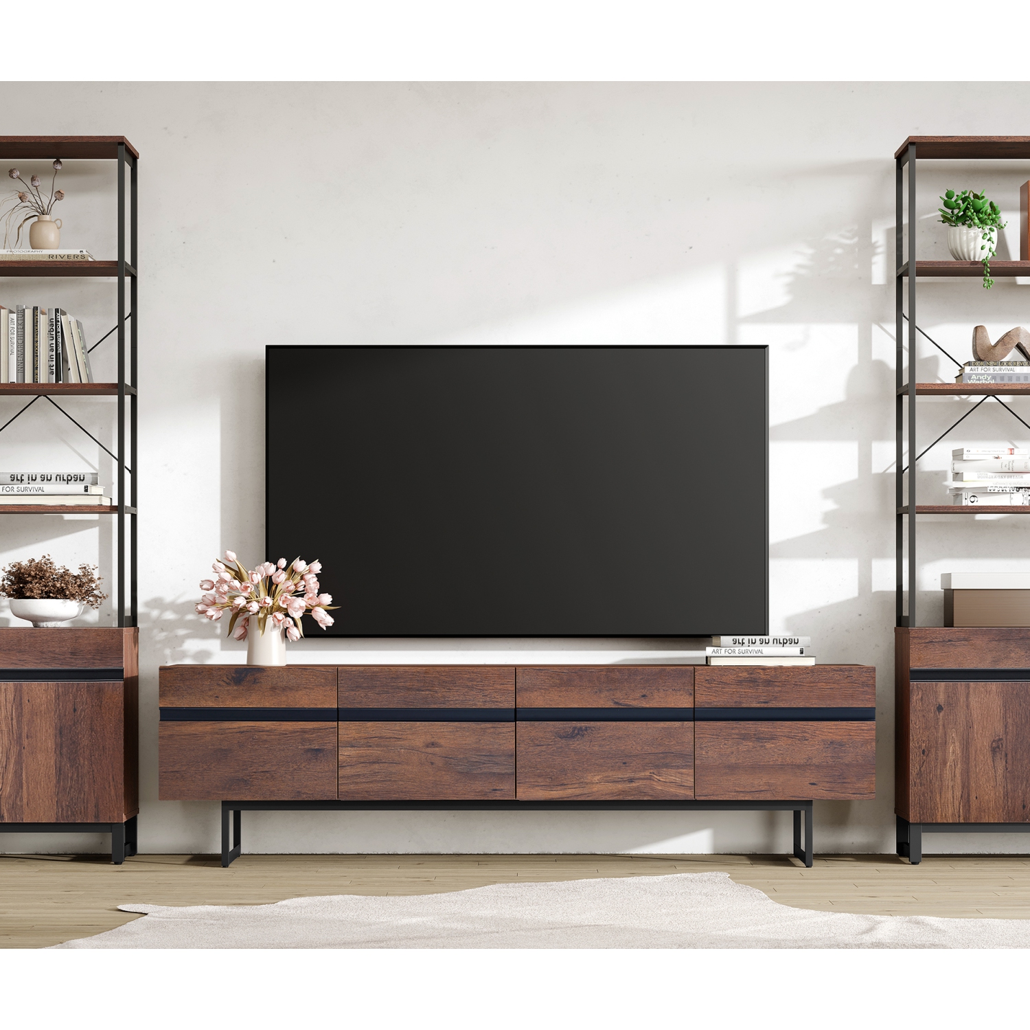 WAMPAT – Meuble moderne pour téléviseur de 71 po ou moins, meuble pour téléviseur de 75 po ou moins avec armoire de rangement, meuble multimédia pour