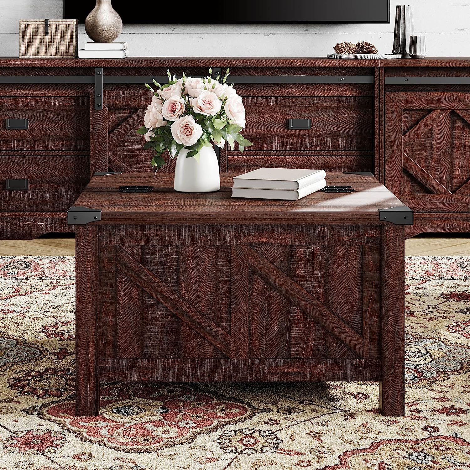 WAMPAT Table basse moderne Farmhouse, Table centrale carrée en bois avec montants à gaz pour très grand espace de rangement dissimulé, coin de