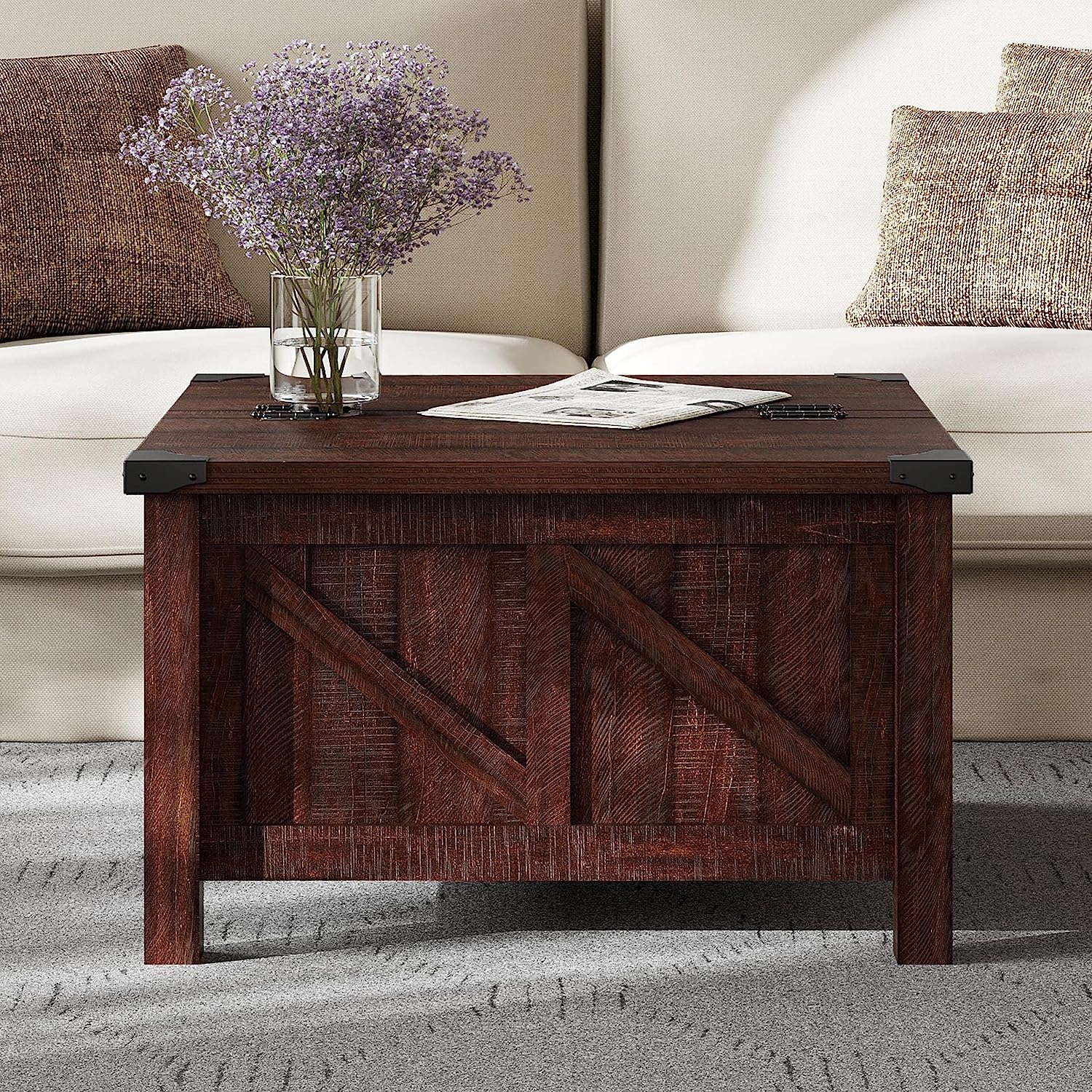 WAMPAT Table basse moderne Farmhouse, Table centrale carrée en bois avec montants à gaz pour très grand espace de rangement dissimulé, coin de