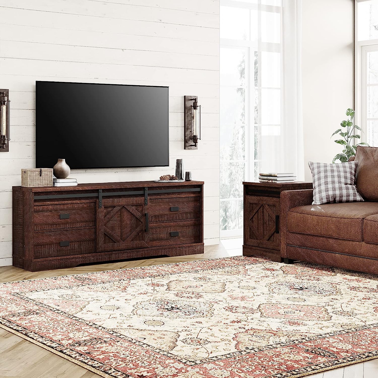WAMPAT Modern Farmhouse 2 in 1 TV Stand for up to 85" TVs Wood Entertainment Center with Drawers and Adjustable Shelf for Living Room, Rustic Brown