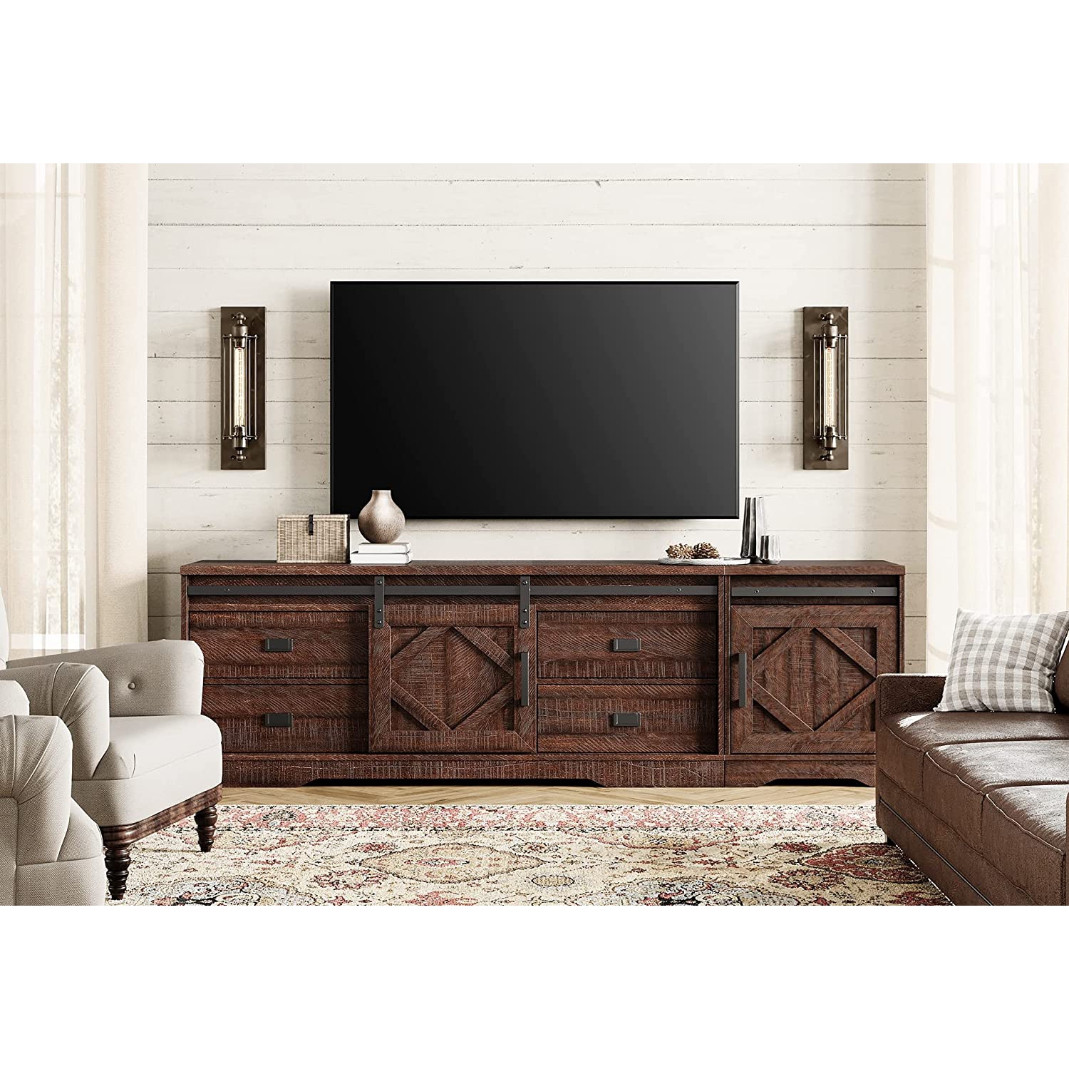 WAMPAT Modern Farmhouse 2 in 1 TV Stand for up to 85" TVs Wood Entertainment Center with Drawers and Adjustable Shelf for Living Room, Rustic Brown