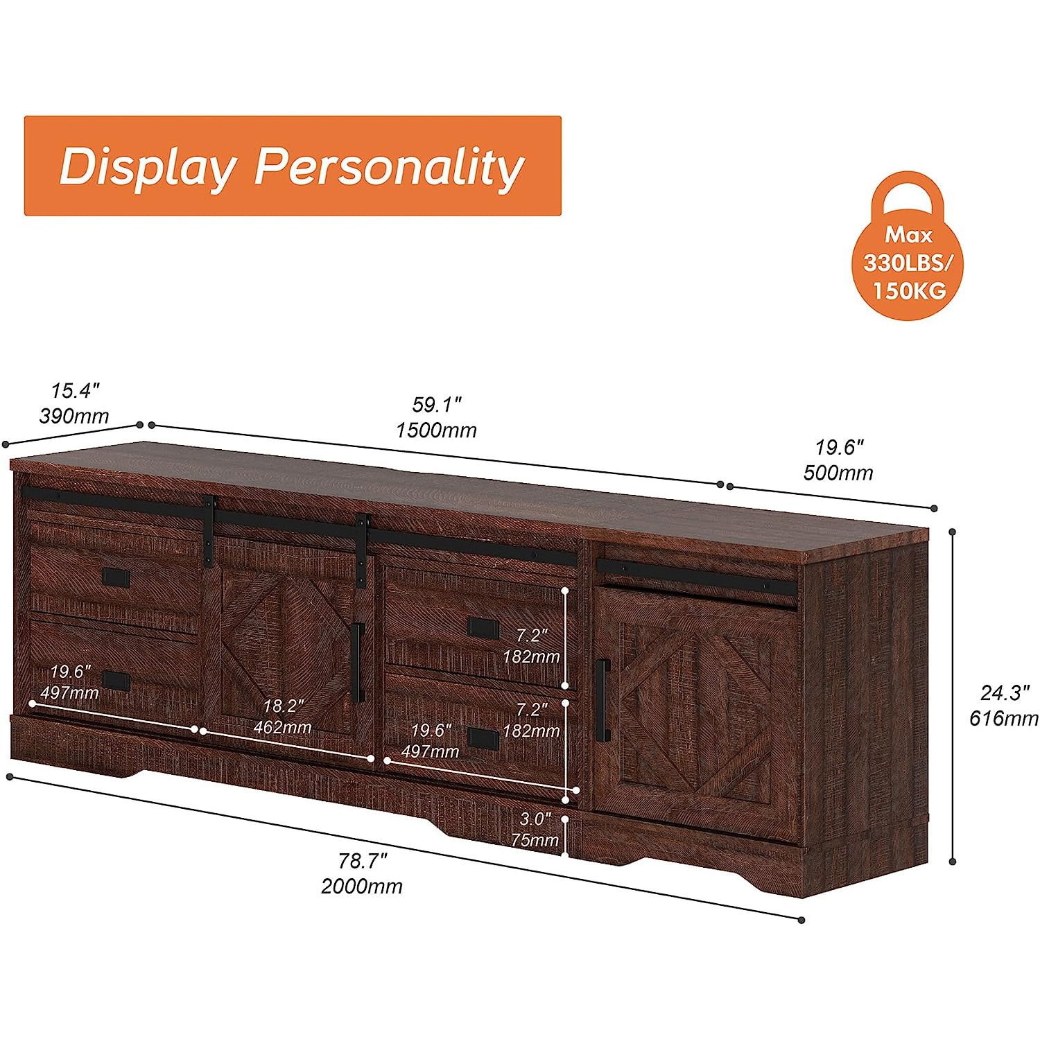 WAMPAT Modern Farmhouse 2 in 1 TV Stand for up to 85" TVs Wood Entertainment Center with Drawers and Adjustable Shelf for Living Room, Rustic Brown