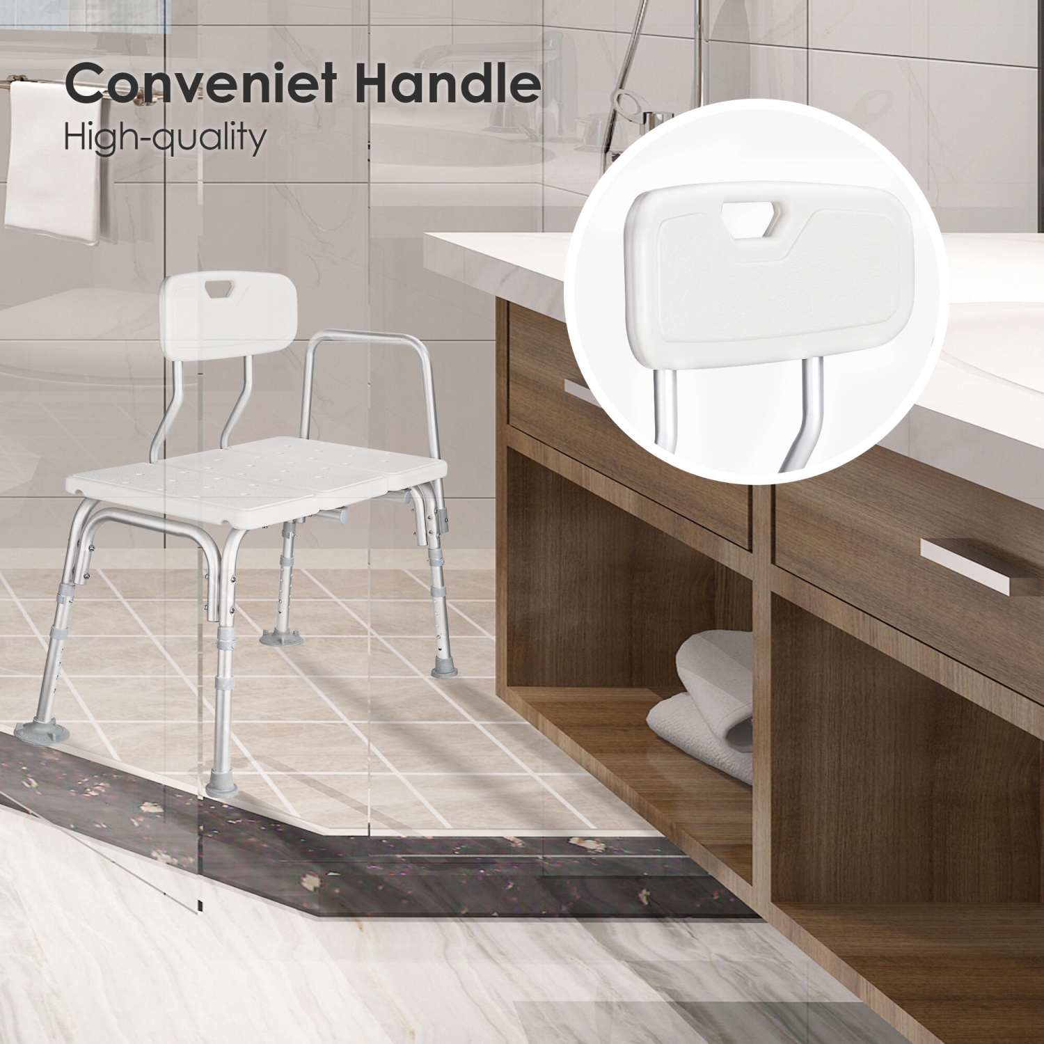 Chaise de douche avec banc de transfert pour salle de bain aînés, tabourets avec baignoire à 5 niveaux à hauteur réglable et accoudoirs amovibles.