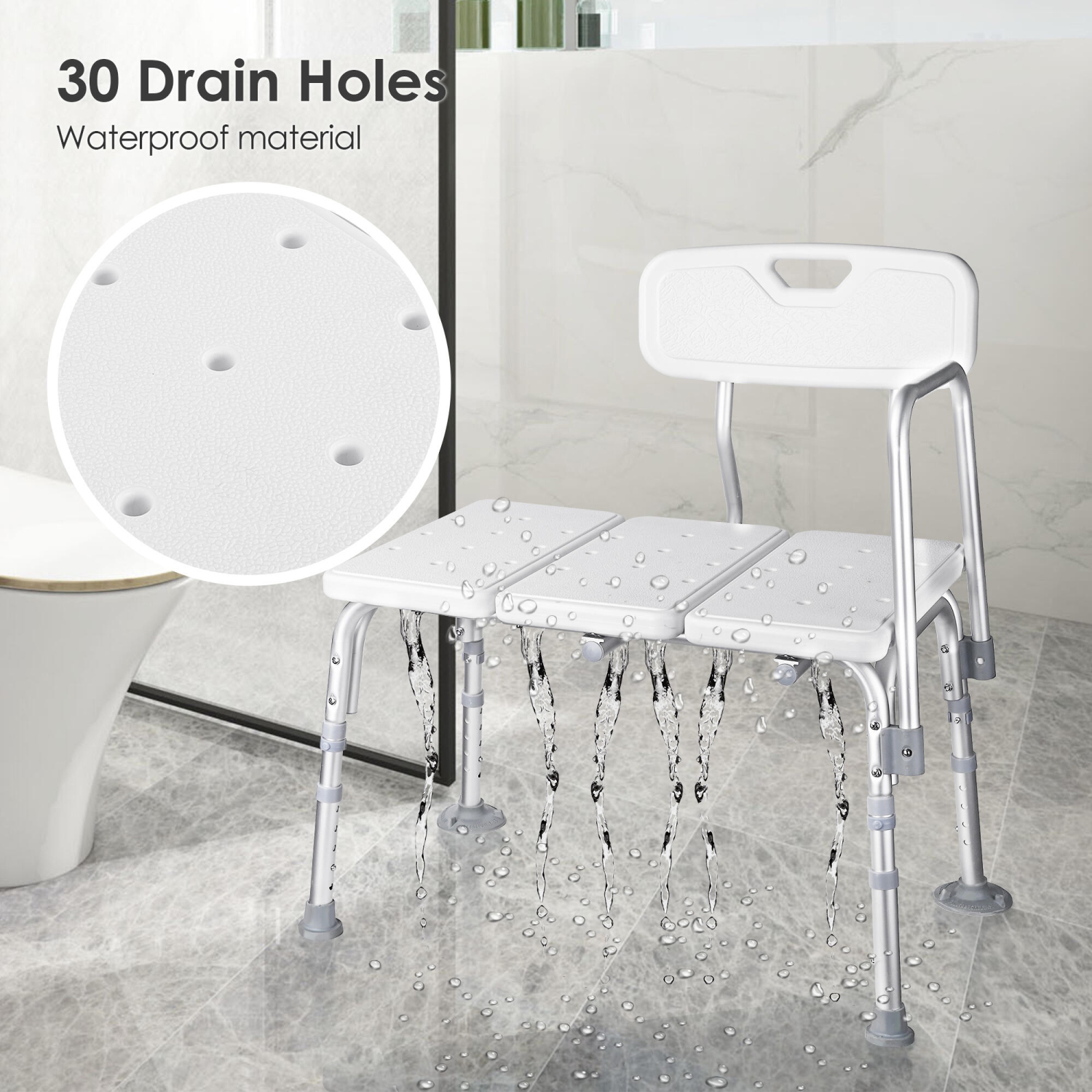 Chaise de douche avec banc de transfert pour salle de bain aînés, tabourets avec baignoire à 5 niveaux à hauteur réglable et accoudoirs amovibles.