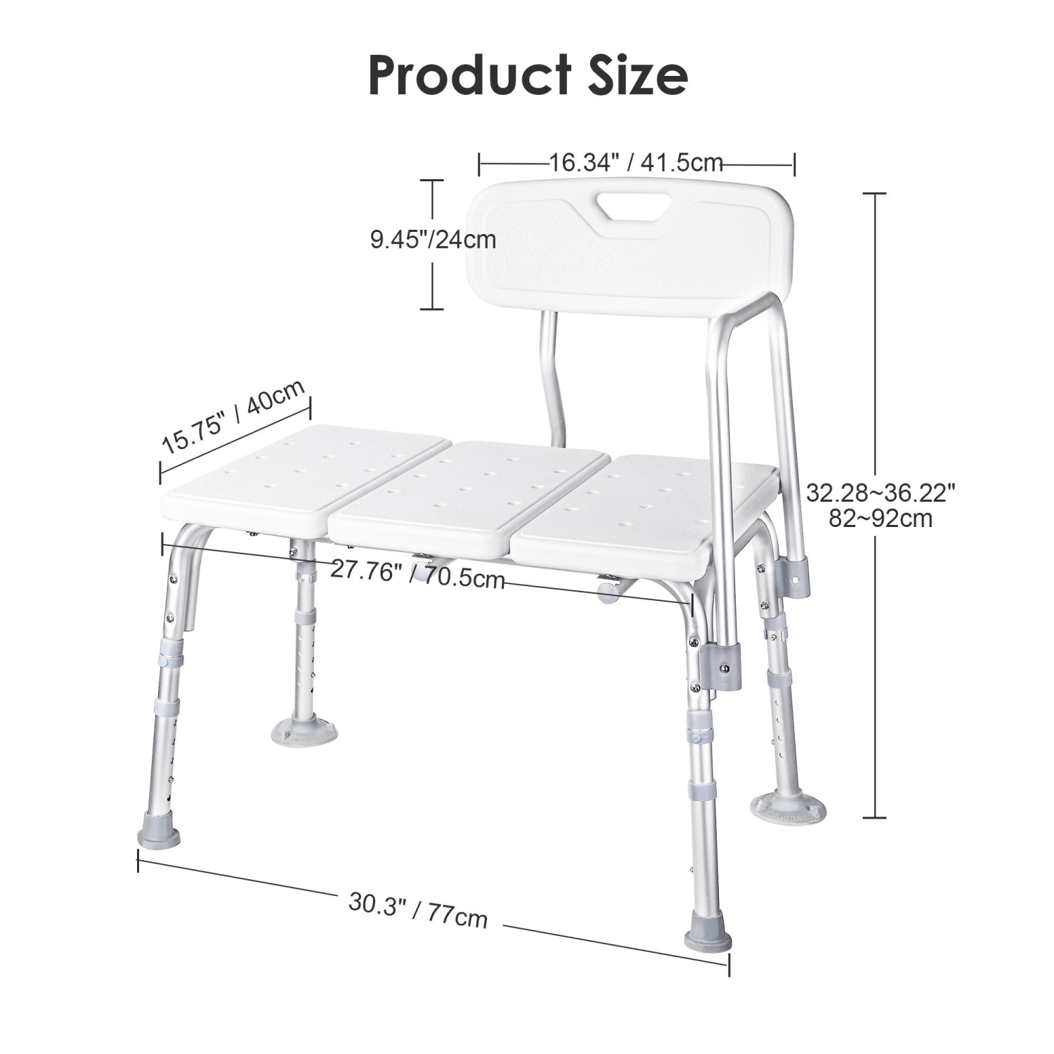 Chaise de douche avec banc de transfert pour salle de bain aînés, tabourets avec baignoire à 5 niveaux à hauteur réglable et accoudoirs amovibles.