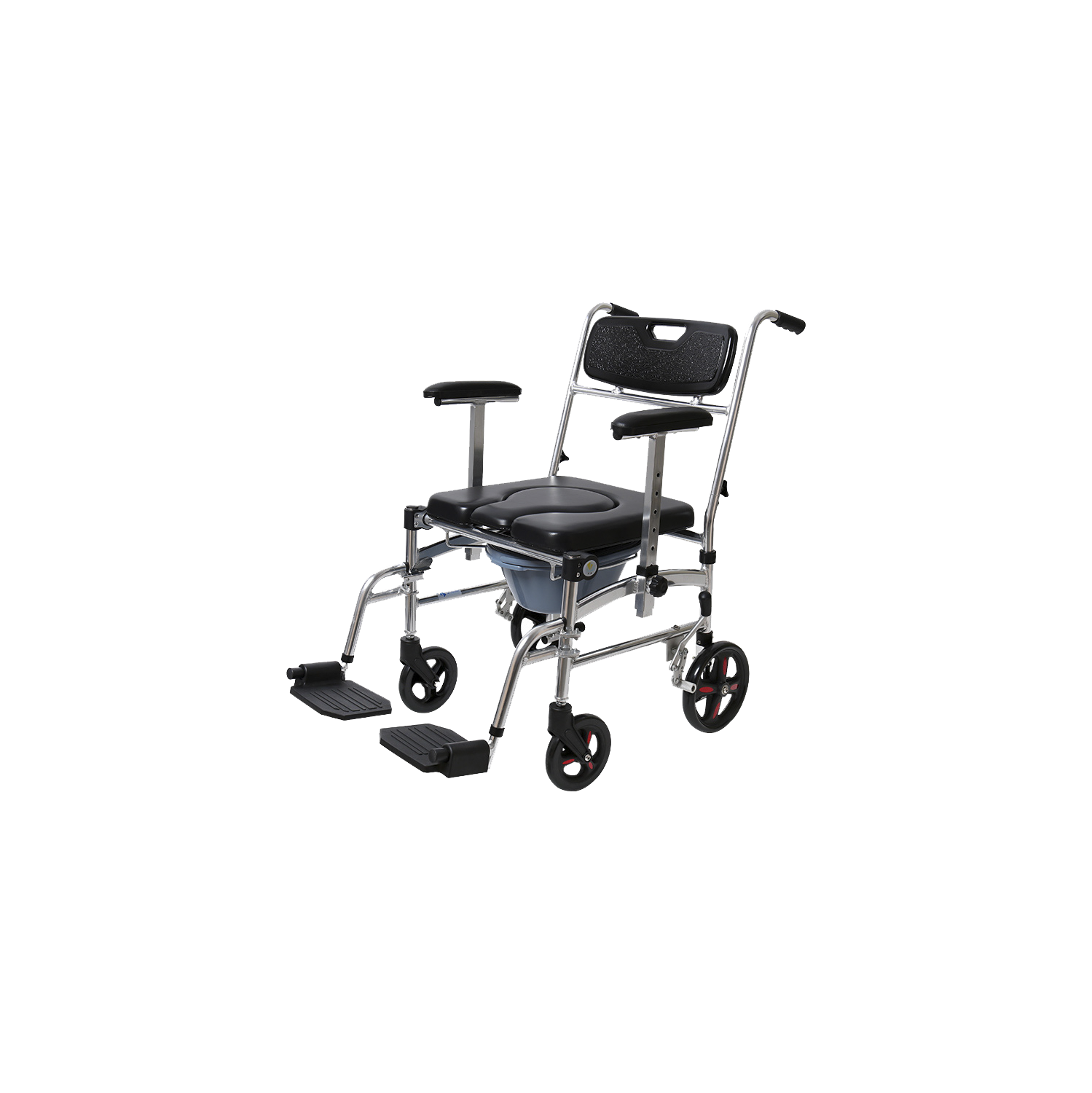 Commode Shower Chair, Transport chair, Bedside toilet chair, Wheelchair 4 in 1 Padded Toilet Seat, with 4 Brakes, Removable Pedal, Adjustable armrest