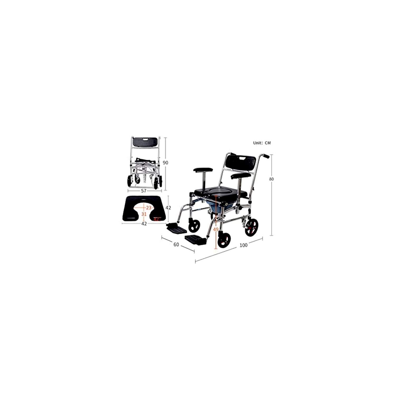 Commode Shower Chair, Transport chair, Bedside toilet chair, Wheelchair 4 in 1 Padded Toilet Seat, with 4 Brakes, Removable Pedal, Adjustable armrest