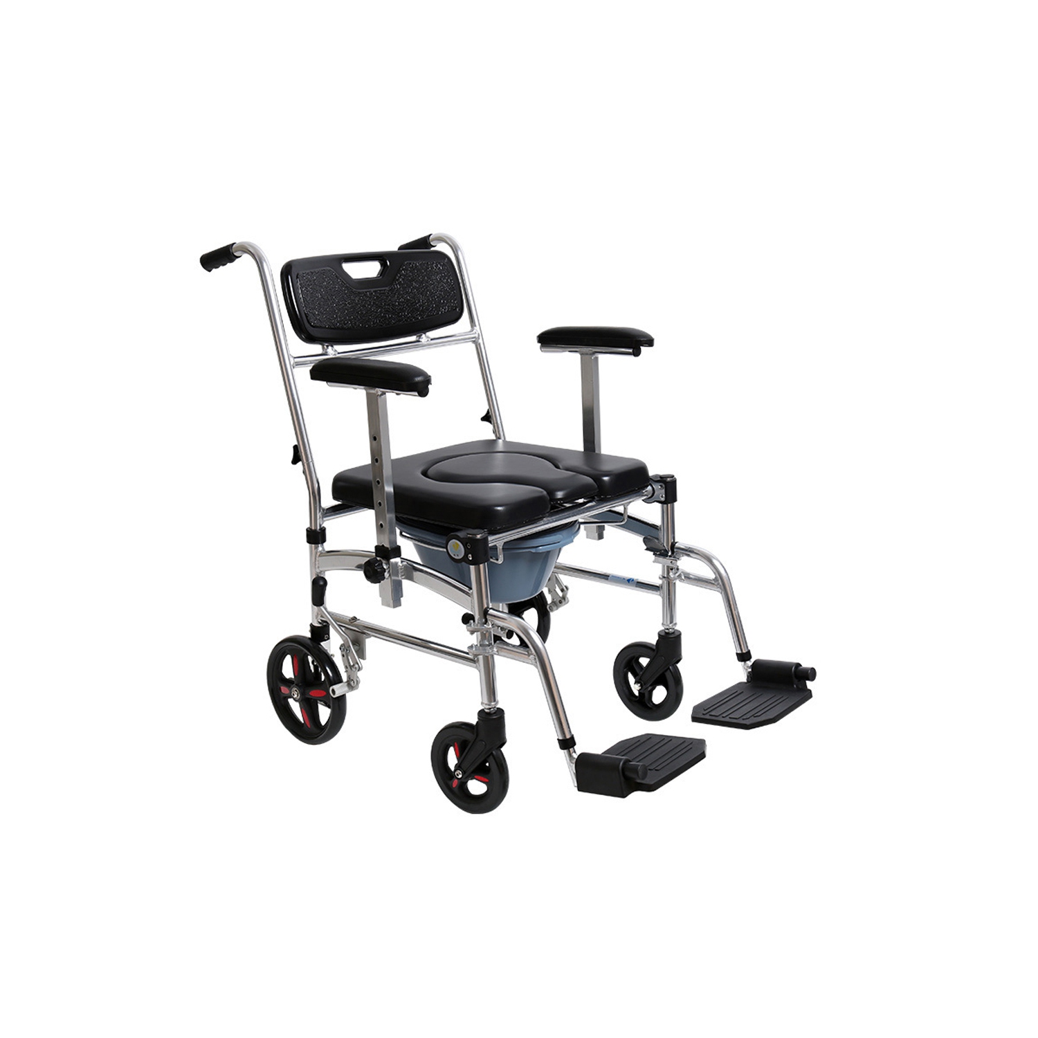 Commode Shower Chair, Transport chair, Bedside toilet chair, Wheelchair 4 in 1 Padded Toilet Seat, with 4 Brakes, Removable Pedal, Adjustable armrest