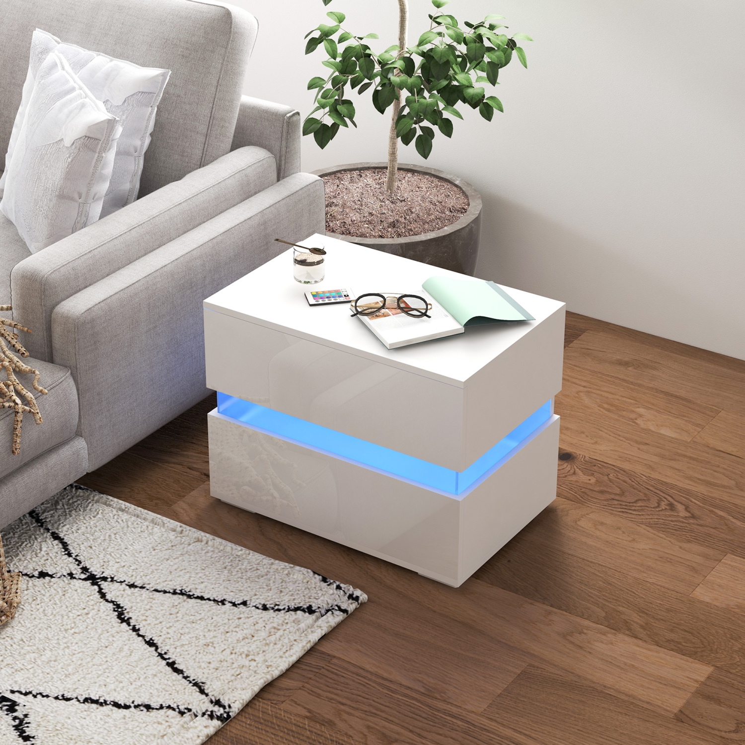 HOMCOM LED Nightstand with 2 Drawers, Bedroom Bedside Table with 60,000 Colour, 4 Modes and Adjustable Brightness RGB LED Lights, White