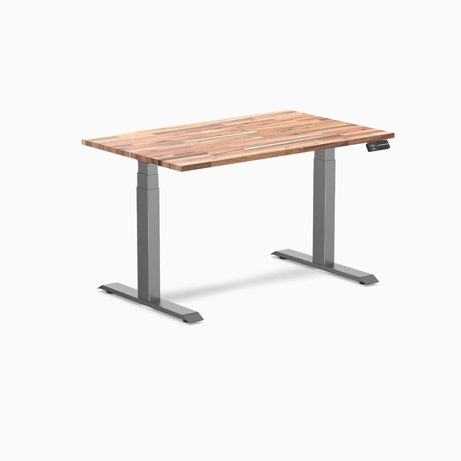 Bureau assis/debout double en bois mou de Desky - Surface en acacia de 48 po à 49 moteurs à hauteur maximale de 2 po Cadre noir mat